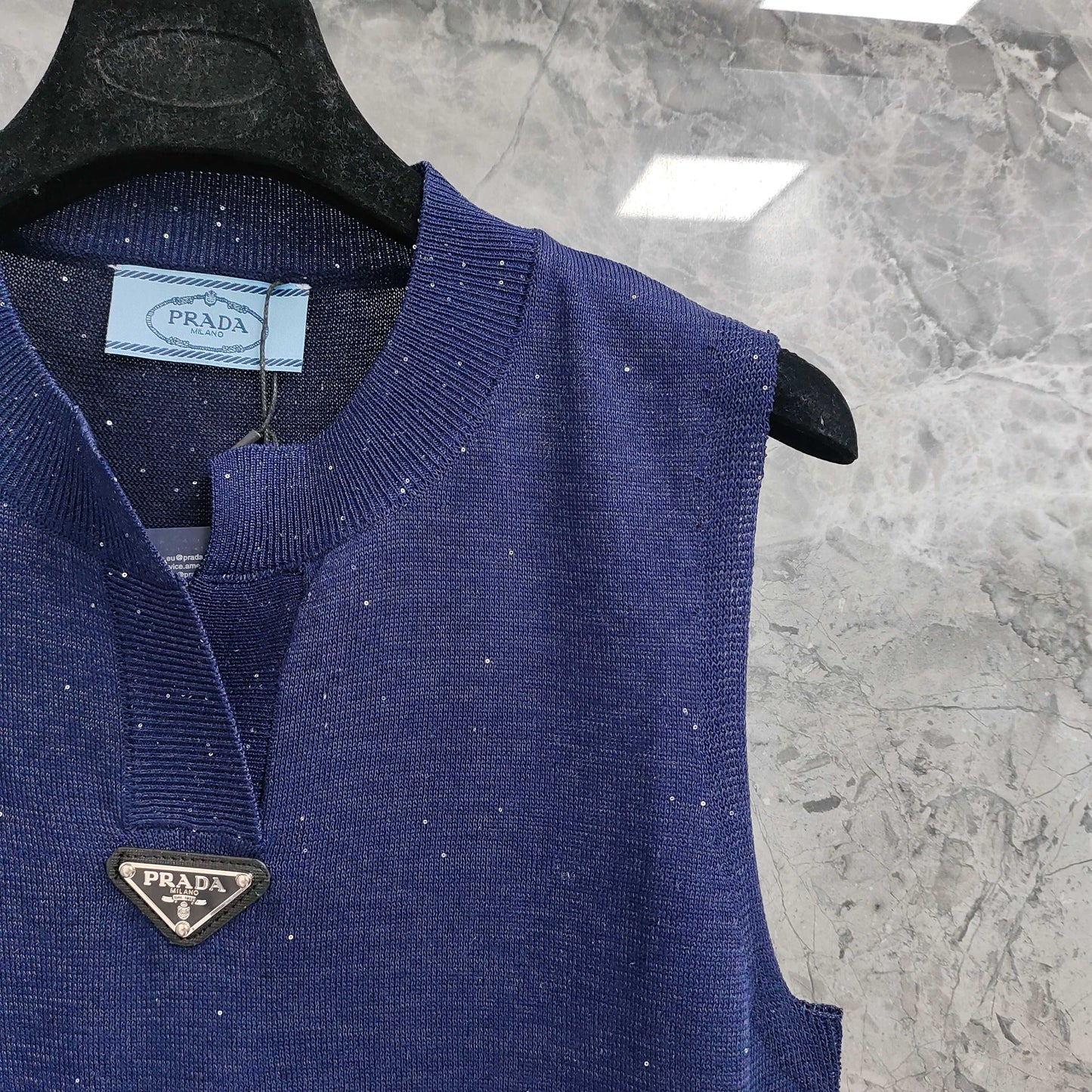 Navy Blue Sleeveless Knit Vest  T - shirt  with Embellishments & Logo