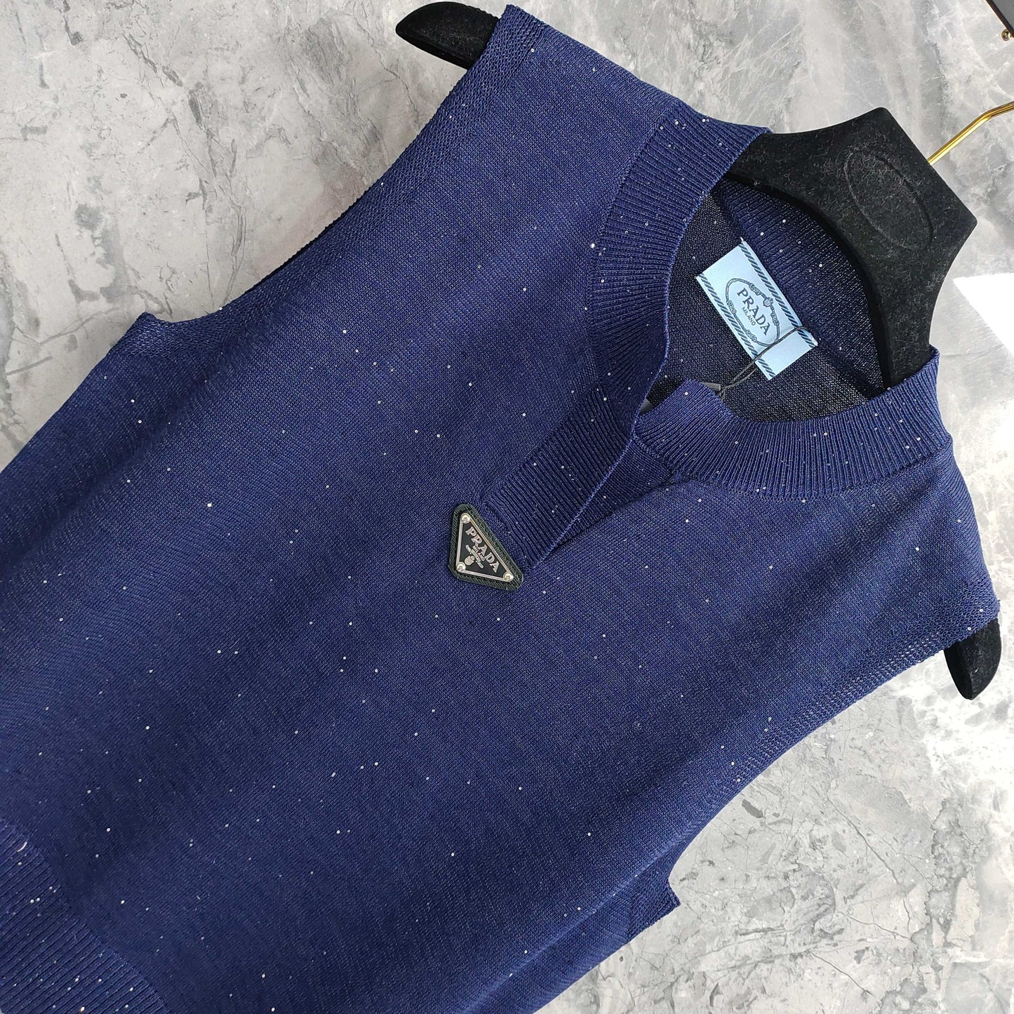 Navy Blue Sleeveless Knit Vest  T - shirt  with Embellishments & Logo