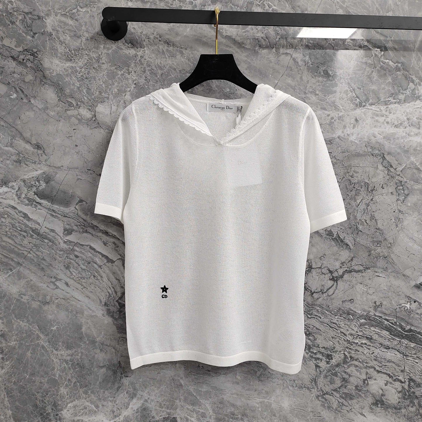 Short - sleeved  T - shirt  Hooded Knit Top with Lace Trim & Embellishments