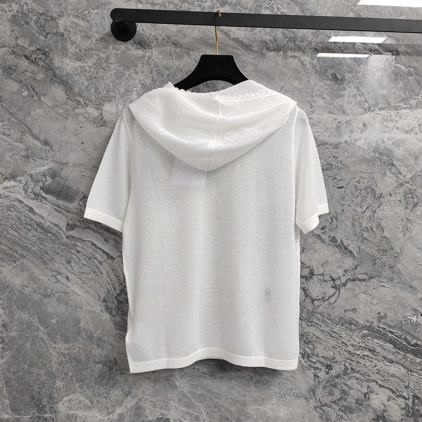 Short - sleeved  T - shirt  Hooded Knit Top with Lace Trim & Embellishments