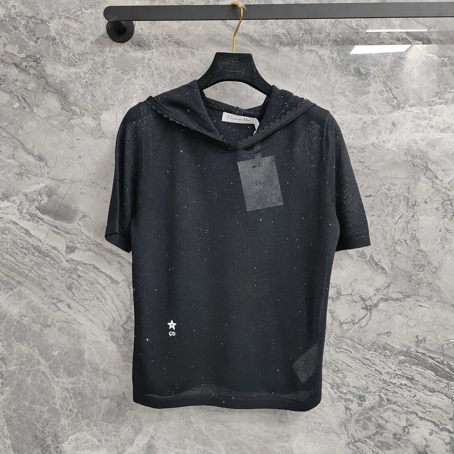 Short - sleeved  T - shirt  Hooded Knit Top with Lace Trim & Embellishments