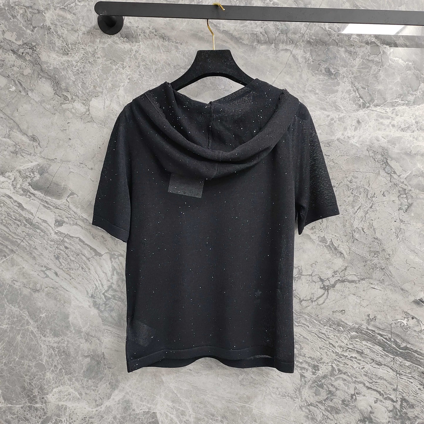 Short - sleeved  T - shirt  Hooded Knit Top with Lace Trim & Embellishments