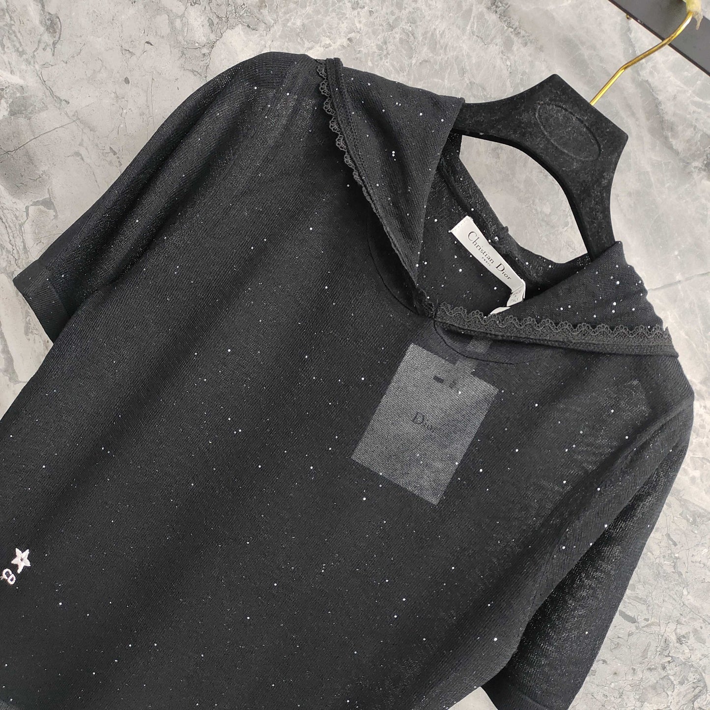 Short - sleeved  T - shirt  Hooded Knit Top with Lace Trim & Embellishments