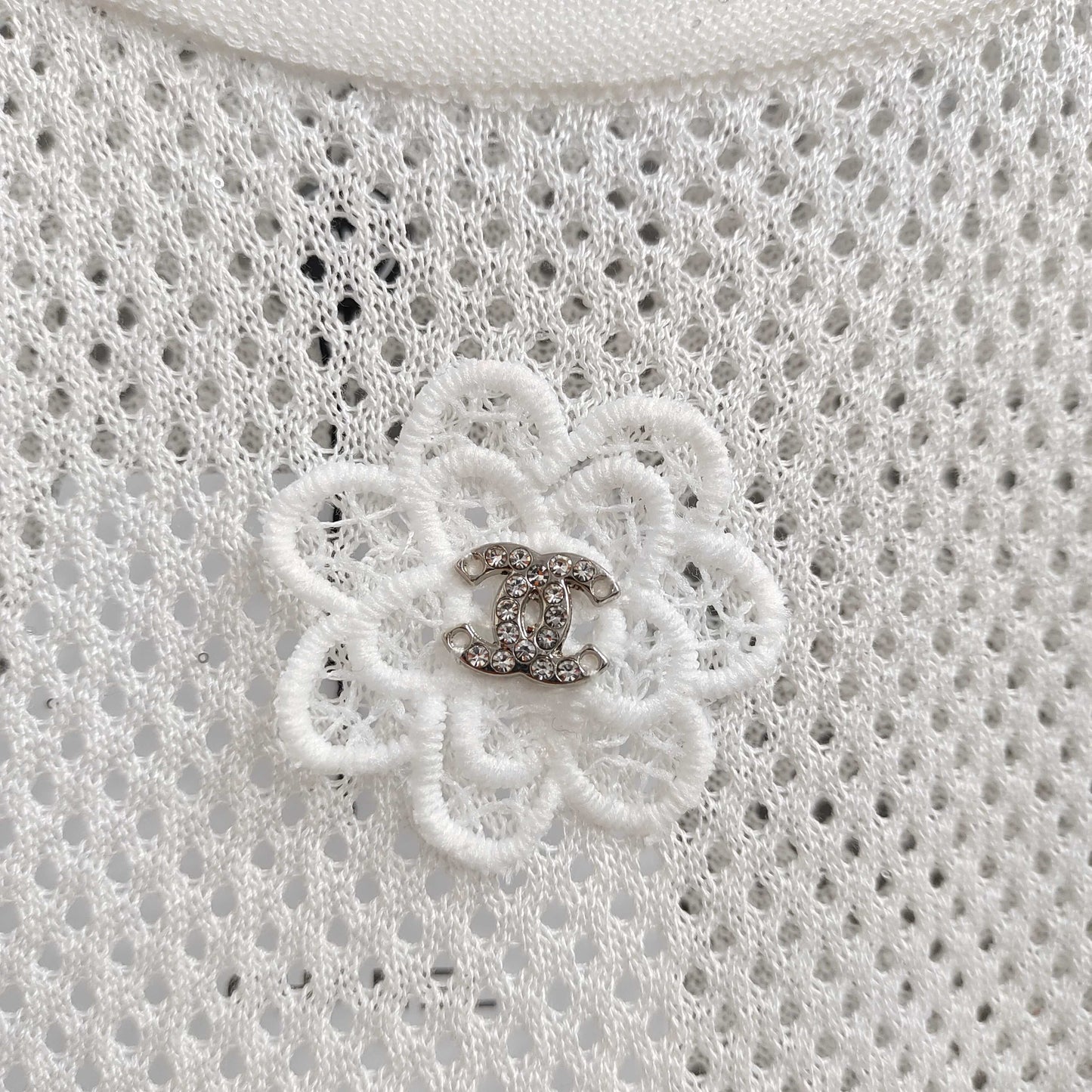 Short - sleeved Mesh T - shirt Top with Lace - trimmed Sleeves & Camellia Embellishment