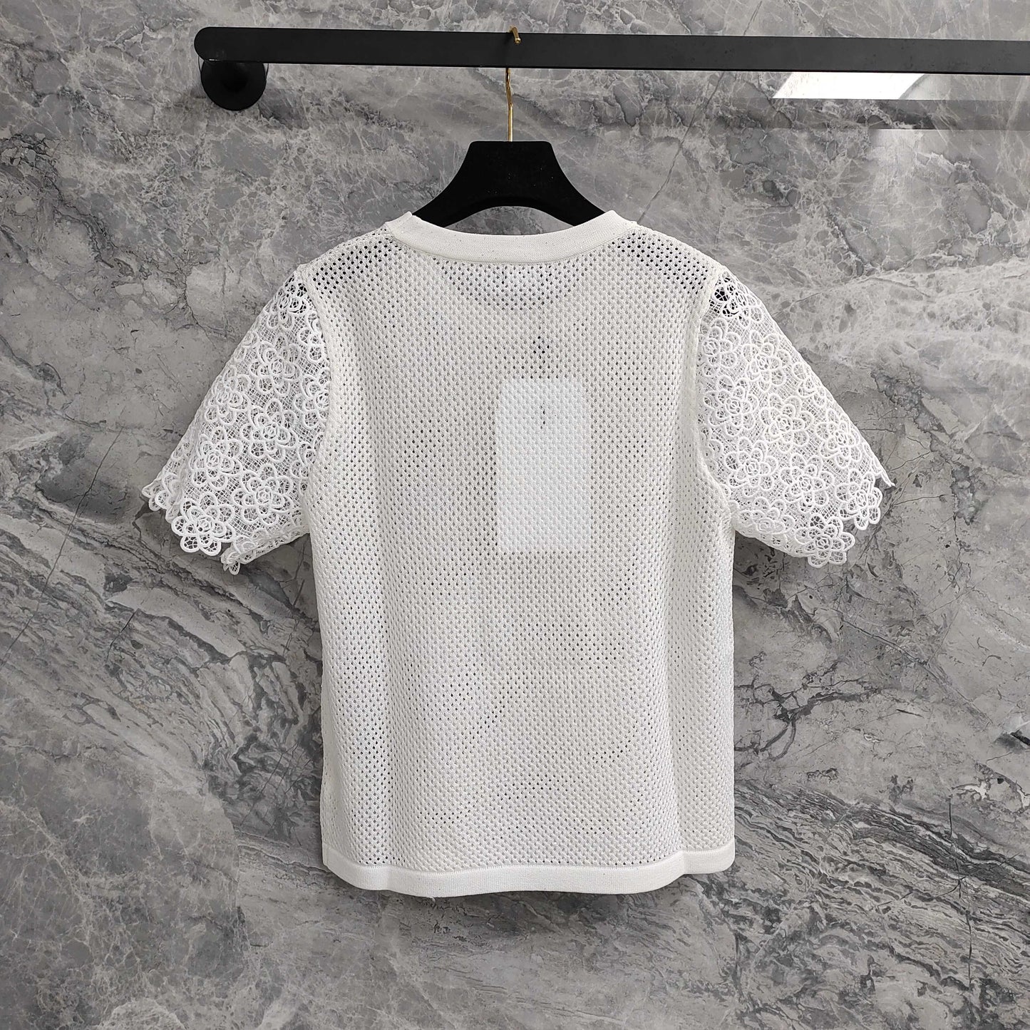 Short - sleeved Mesh T - shirt Top with Lace - trimmed Sleeves & Camellia Embellishment