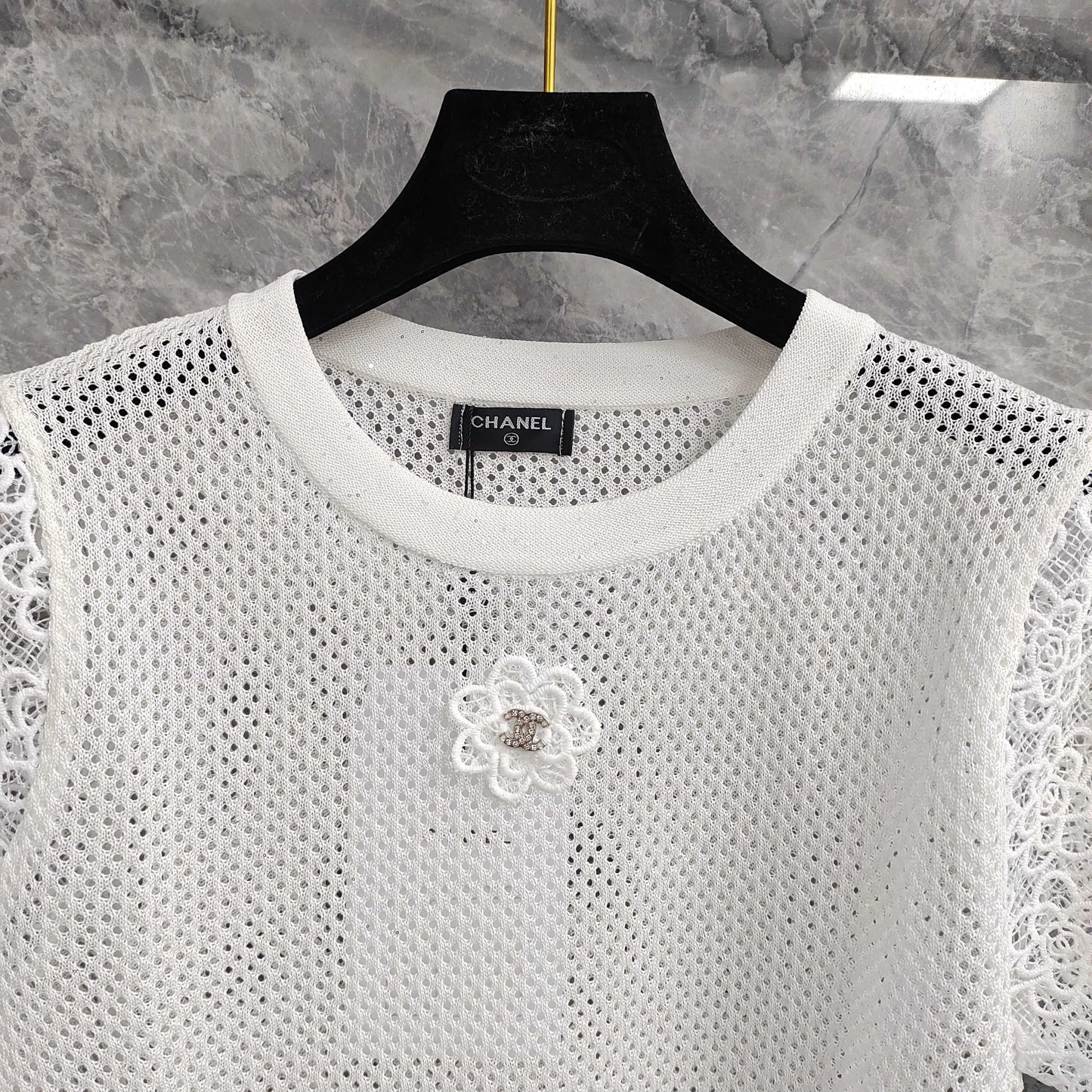 Short - sleeved Mesh T - shirt Top with Lace - trimmed Sleeves & Camellia Embellishment