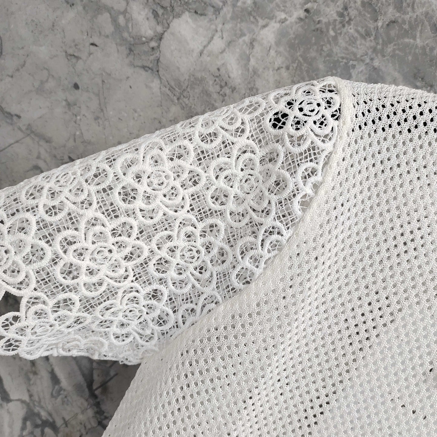 Short - sleeved Mesh T - shirt Top with Lace - trimmed Sleeves & Camellia Embellishment