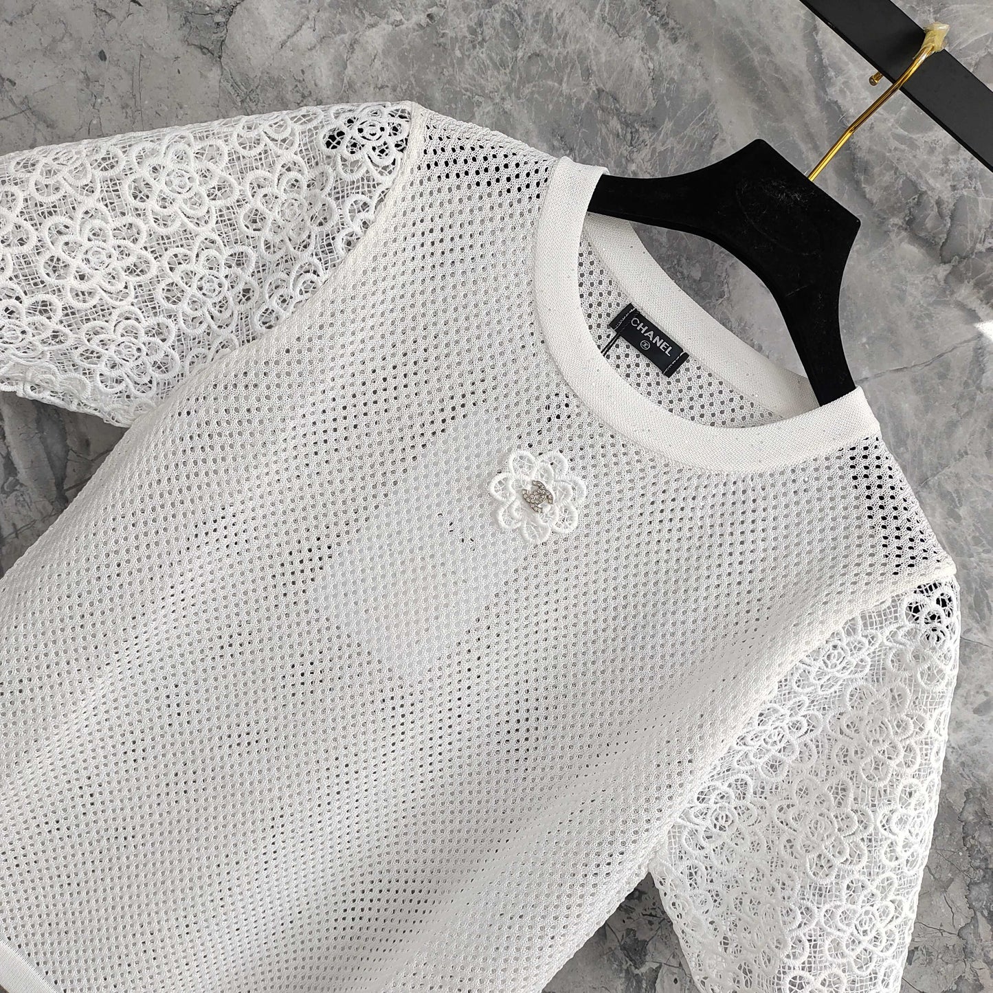 Short - sleeved Mesh T - shirt Top with Lace - trimmed Sleeves & Camellia Embellishment