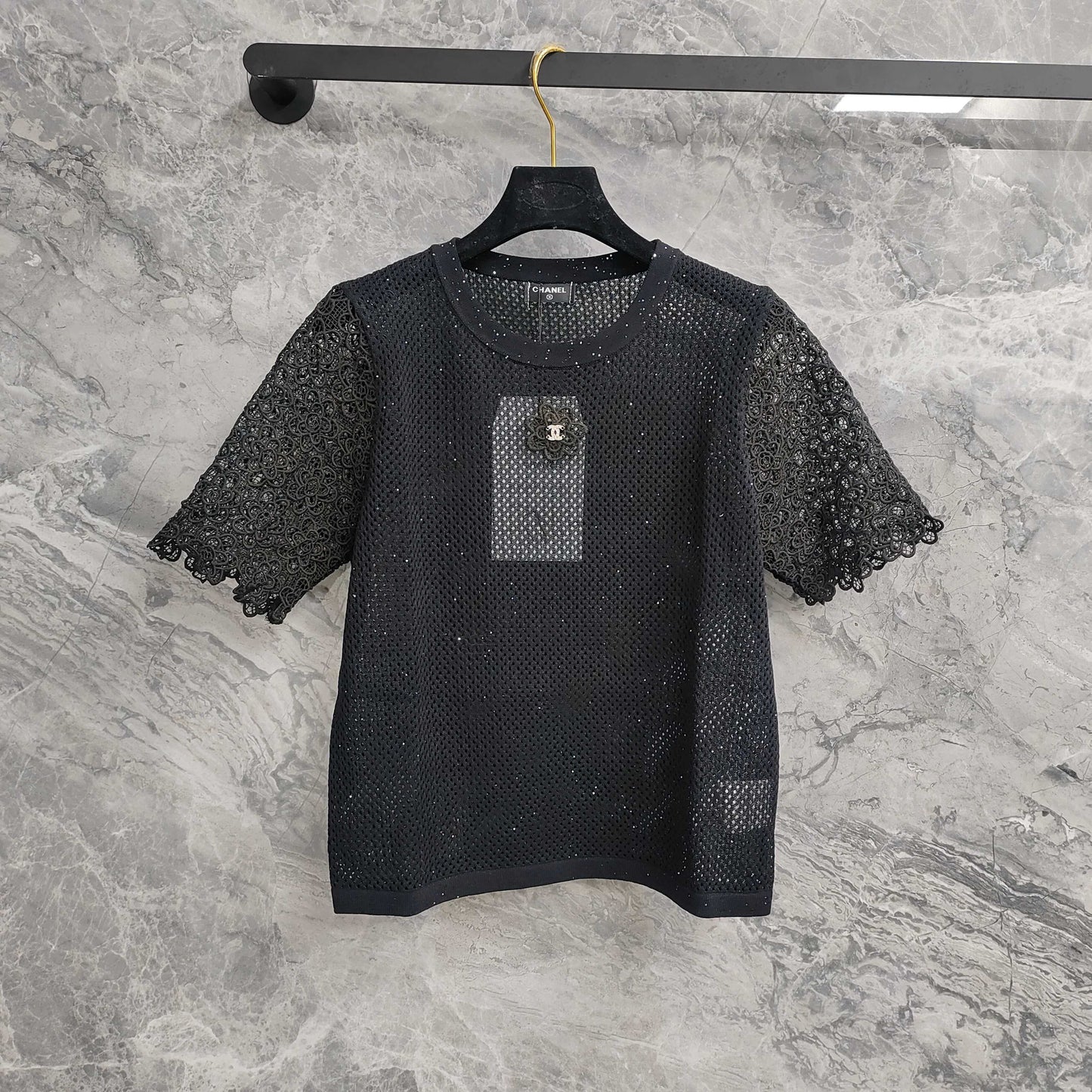 Short - sleeved Mesh T - shirt Top with Lace - trimmed Sleeves & Camellia Embellishment