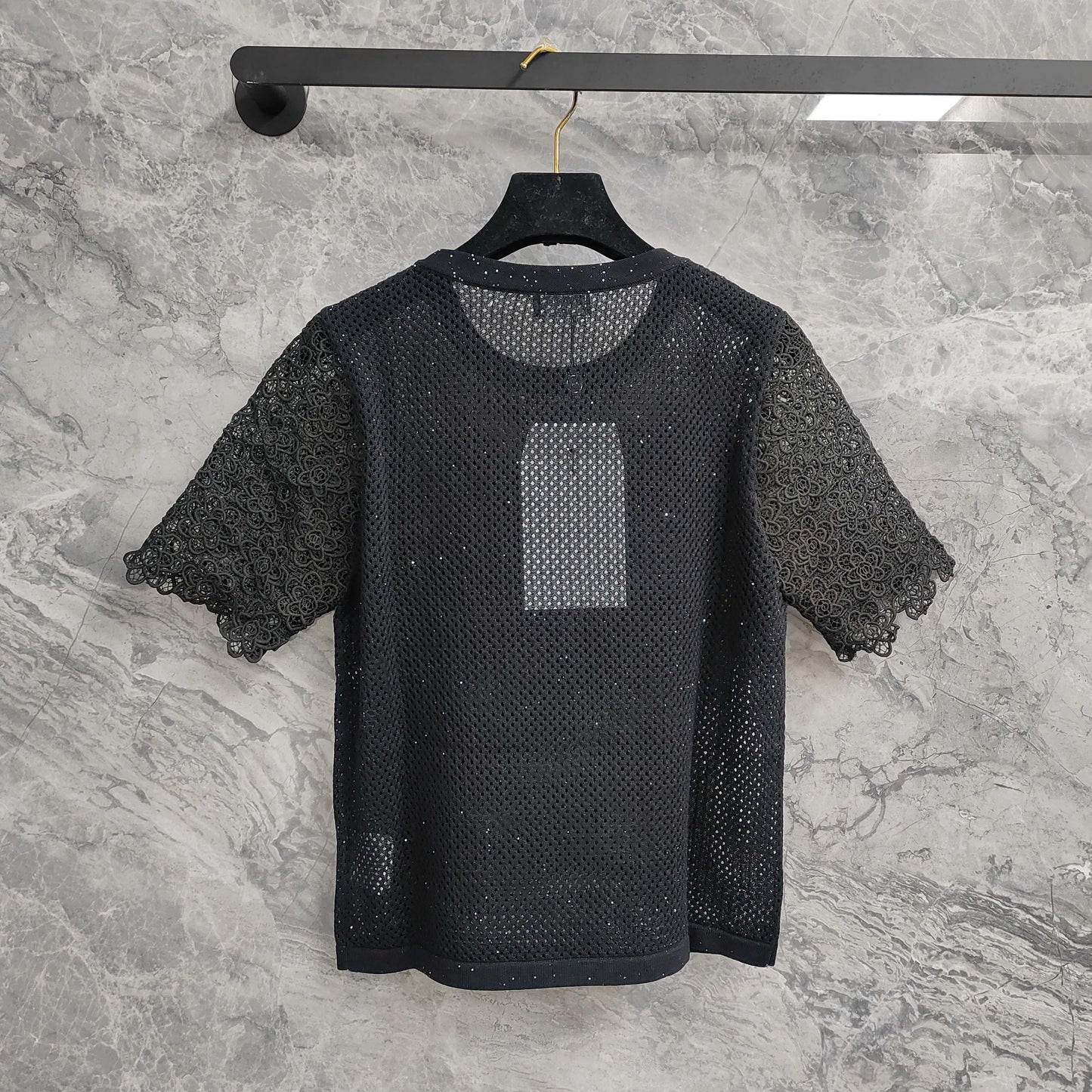 Short - sleeved Mesh T - shirt Top with Lace - trimmed Sleeves & Camellia Embellishment