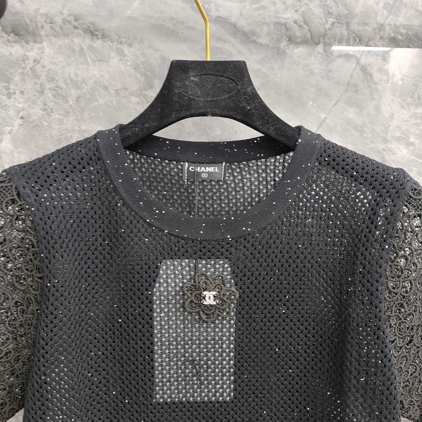 Short - sleeved Mesh T - shirt Top with Lace - trimmed Sleeves & Camellia Embellishment