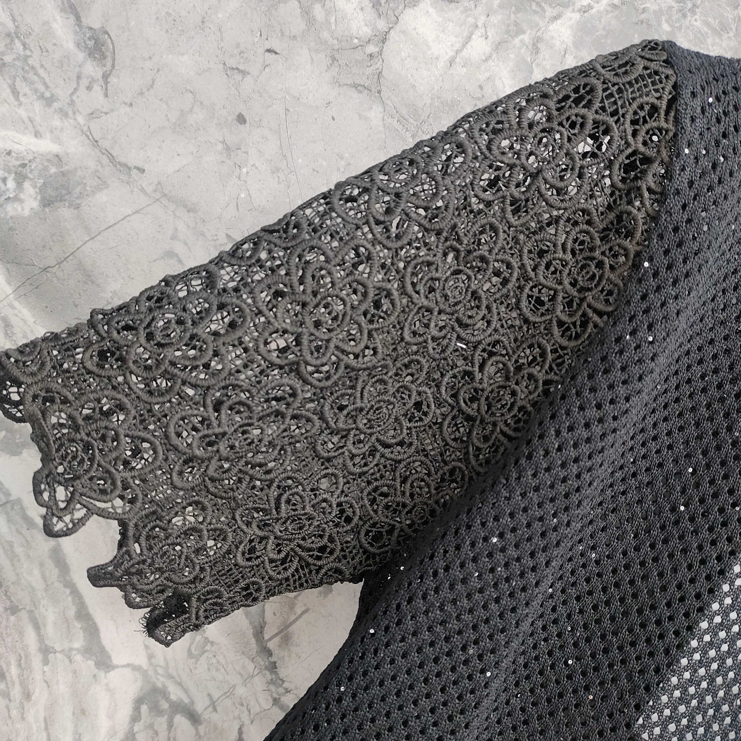 Short - sleeved Mesh T - shirt Top with Lace - trimmed Sleeves & Camellia Embellishment