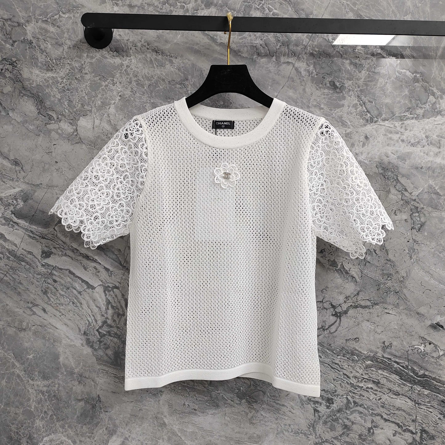 Short - sleeved Mesh T - shirt Top with Lace - trimmed Sleeves & Camellia Embellishment