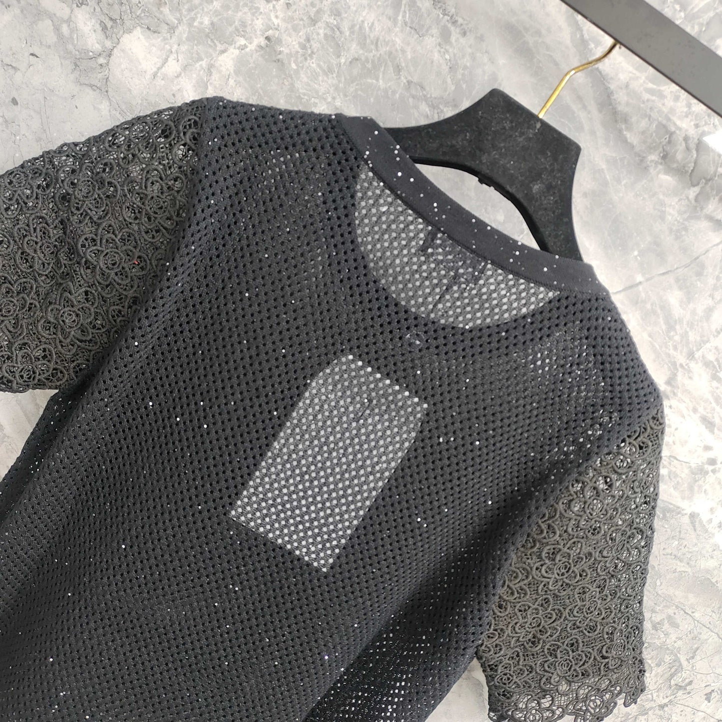 Short - sleeved Mesh T - shirt Top with Lace - trimmed Sleeves & Camellia Embellishment