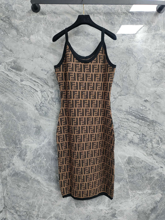 Sling Dress with Interwoven Brown and Black Classic Double - F Pattern