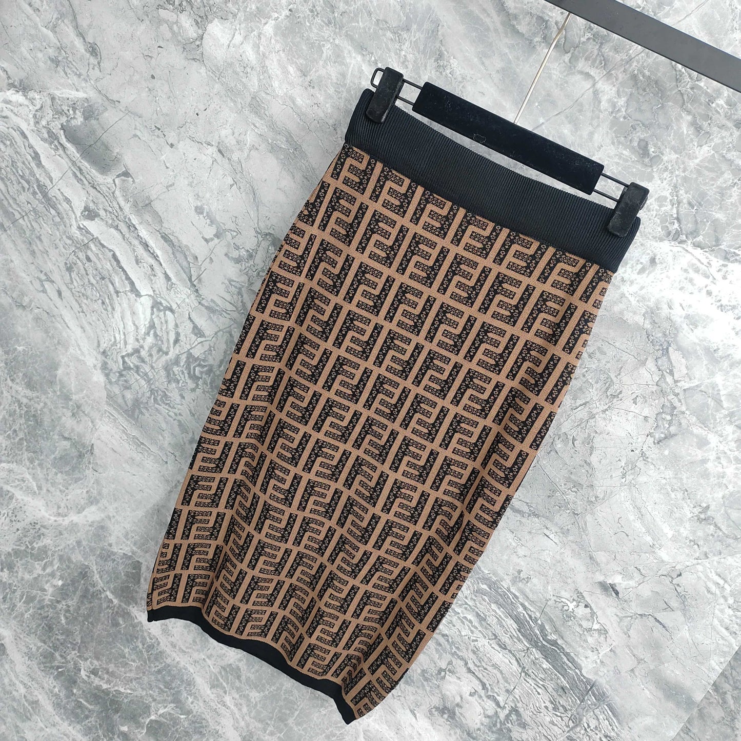 Short Skirt with Interwoven Brown and Black Classic Double - F Pattern