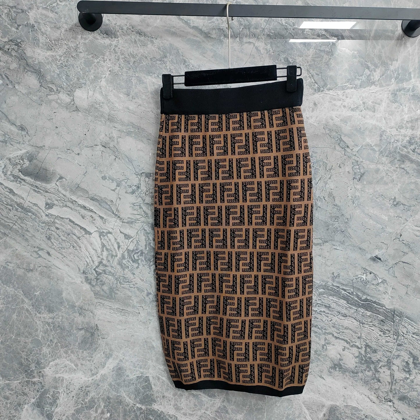Short Skirt with Interwoven Brown and Black Classic Double - F Pattern
