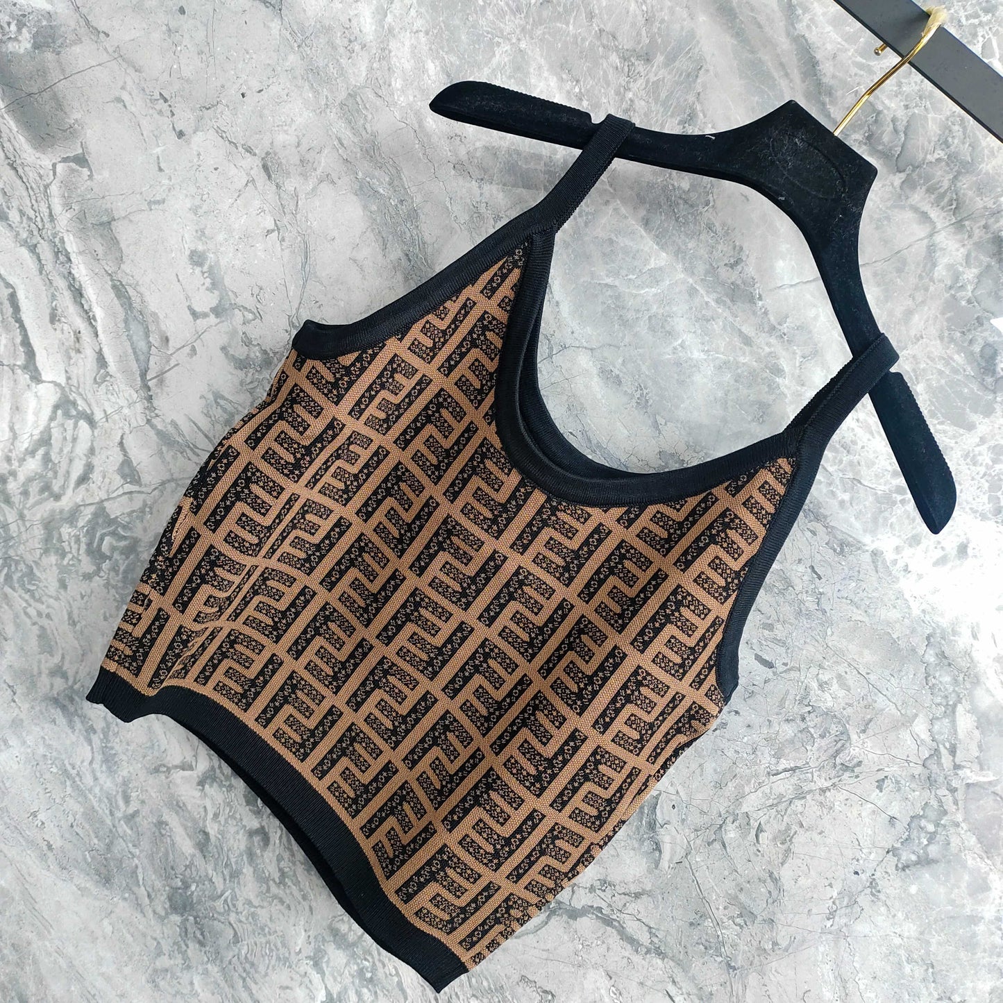 Sling Vest T - shirt with Interwoven Brown and Black Classic Double - F Pattern