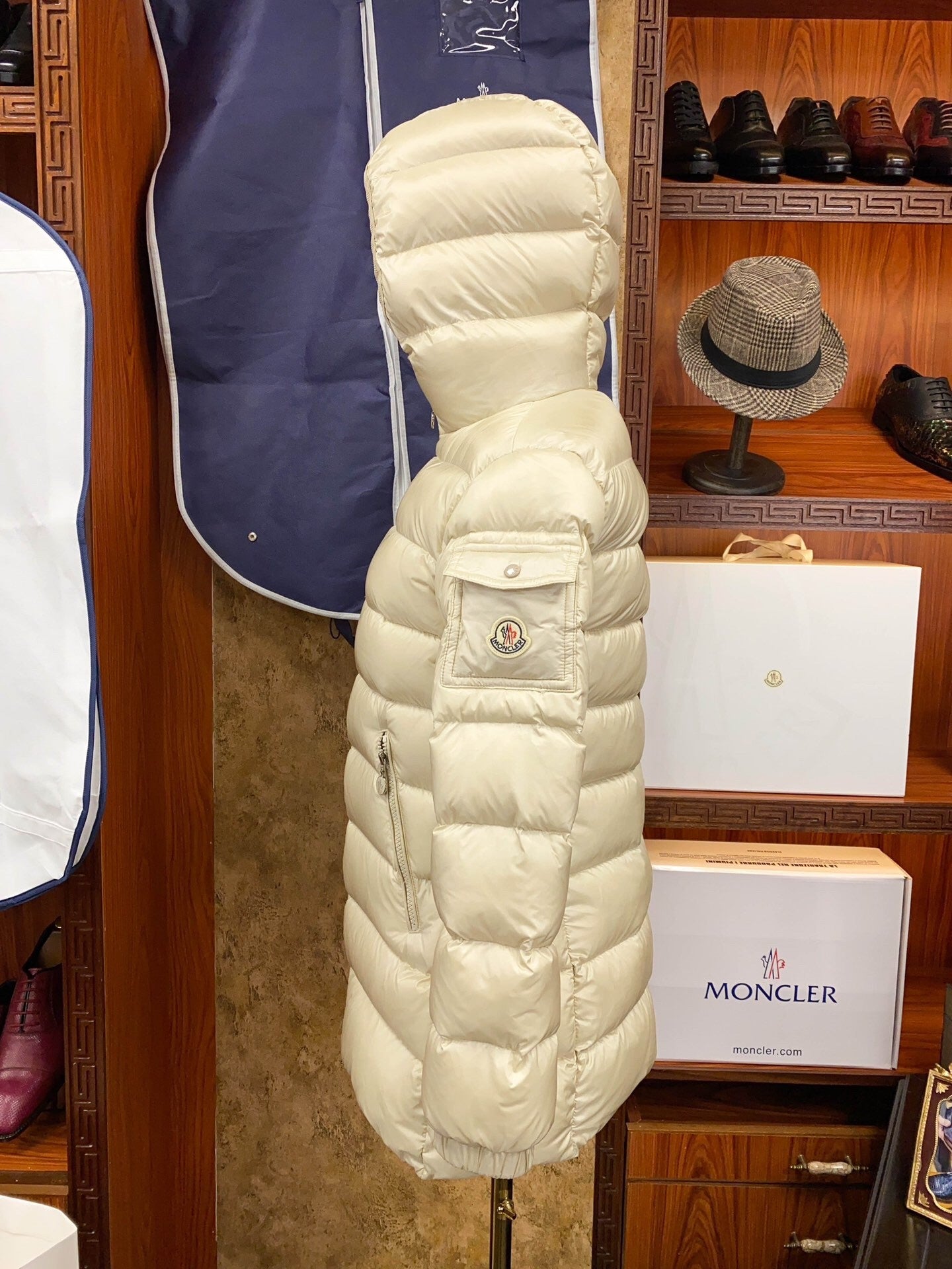 Cream  colored Mid  length Women's Hooded Waist  cinching Down Jacket