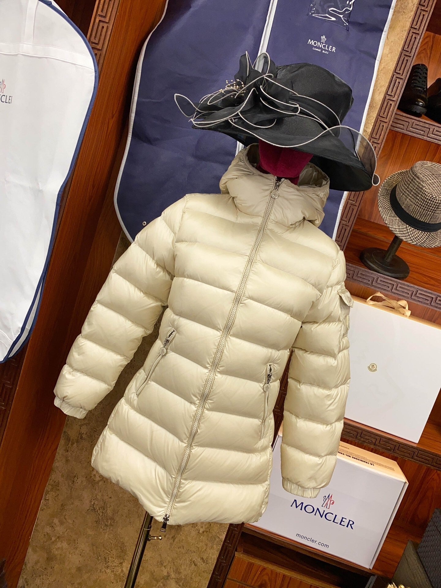 Cream  colored Mid  length Women's Hooded Waist  cinching Down Jacket