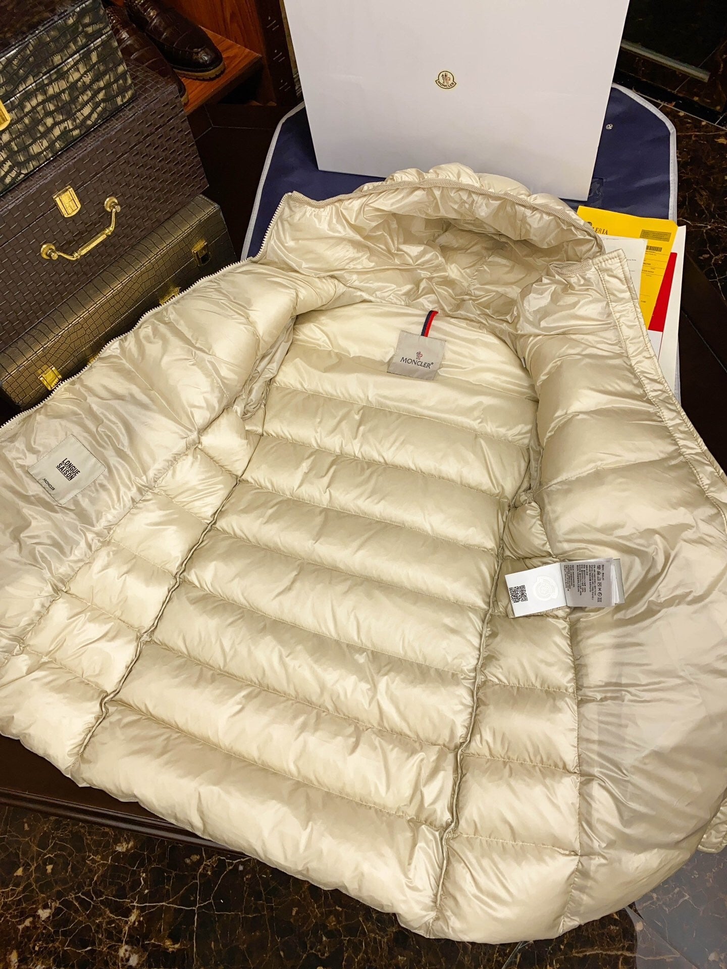 Cream  colored Mid  length Women's Hooded Waist  cinching Down Jacket
