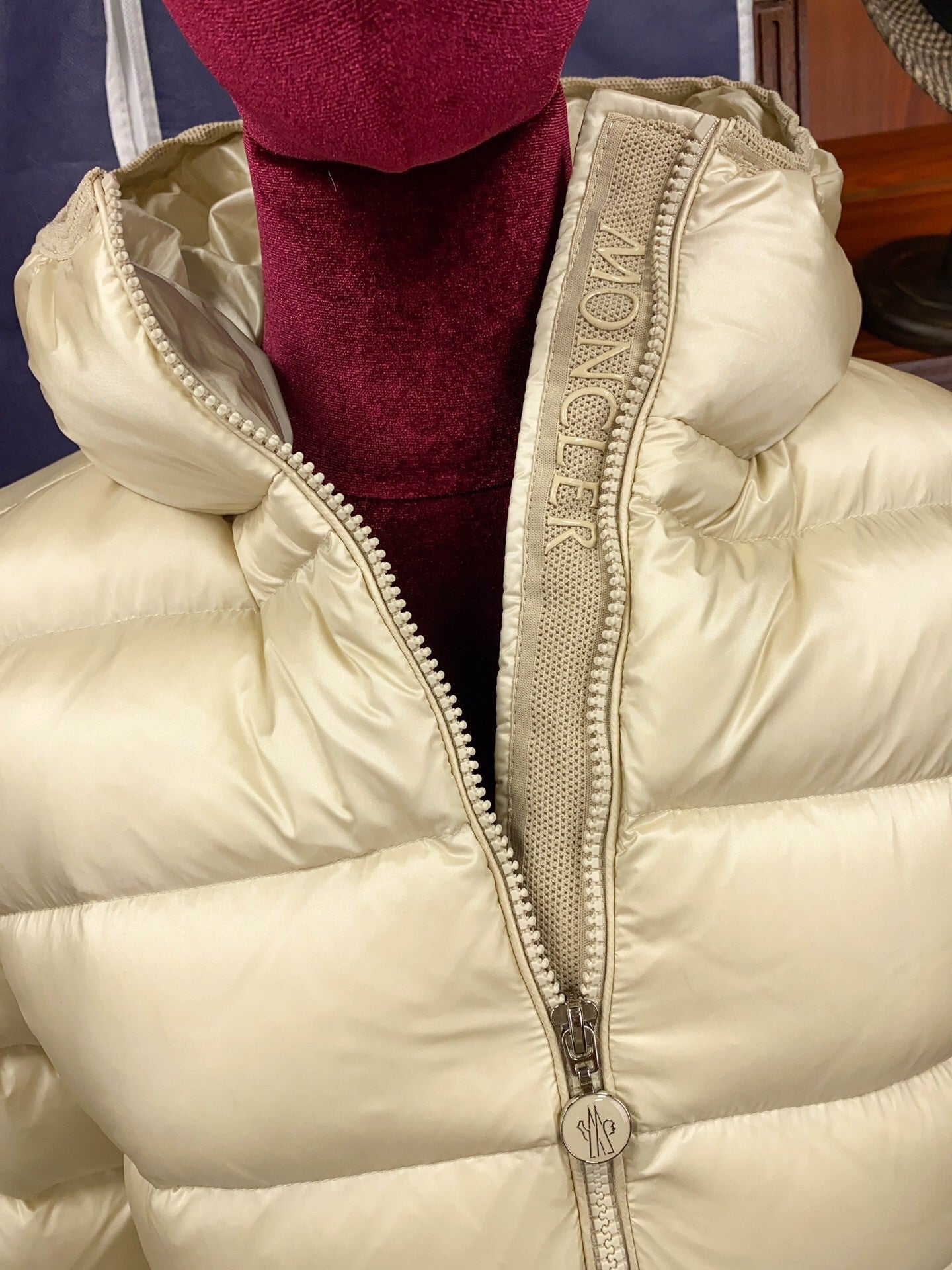 Cream  colored Mid  length Women's Hooded Waist  cinching Down Jacket