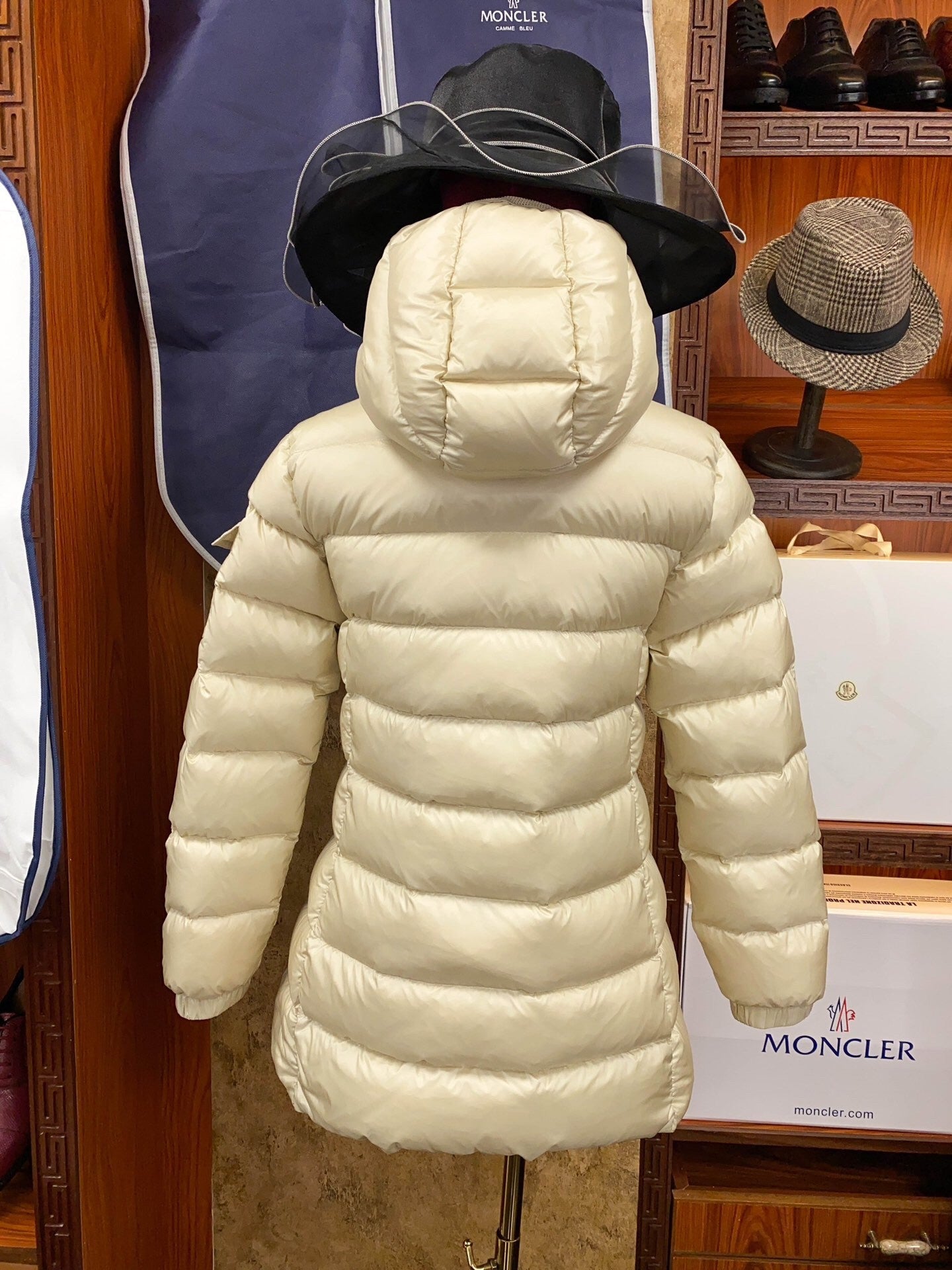 Cream  colored Mid  length Women's Hooded Waist  cinching Down Jacket