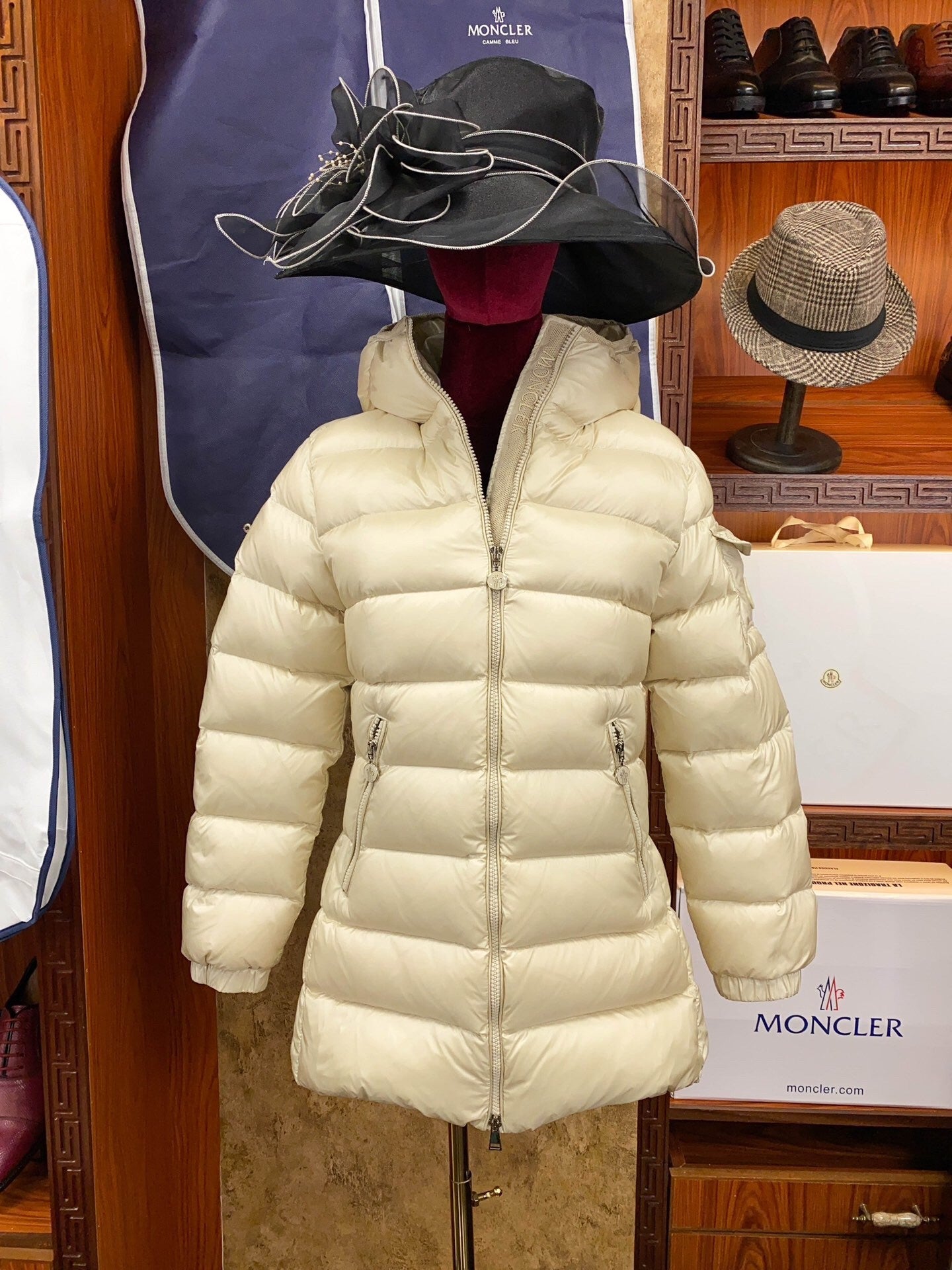 Cream  colored Mid  length Women's Hooded Waist  cinching Down Jacket