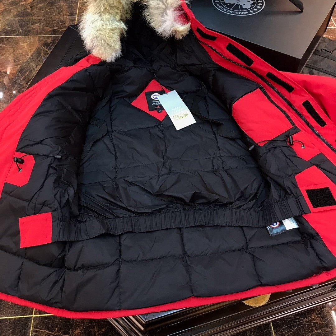 Red Mid  length Hooded Down Jacket