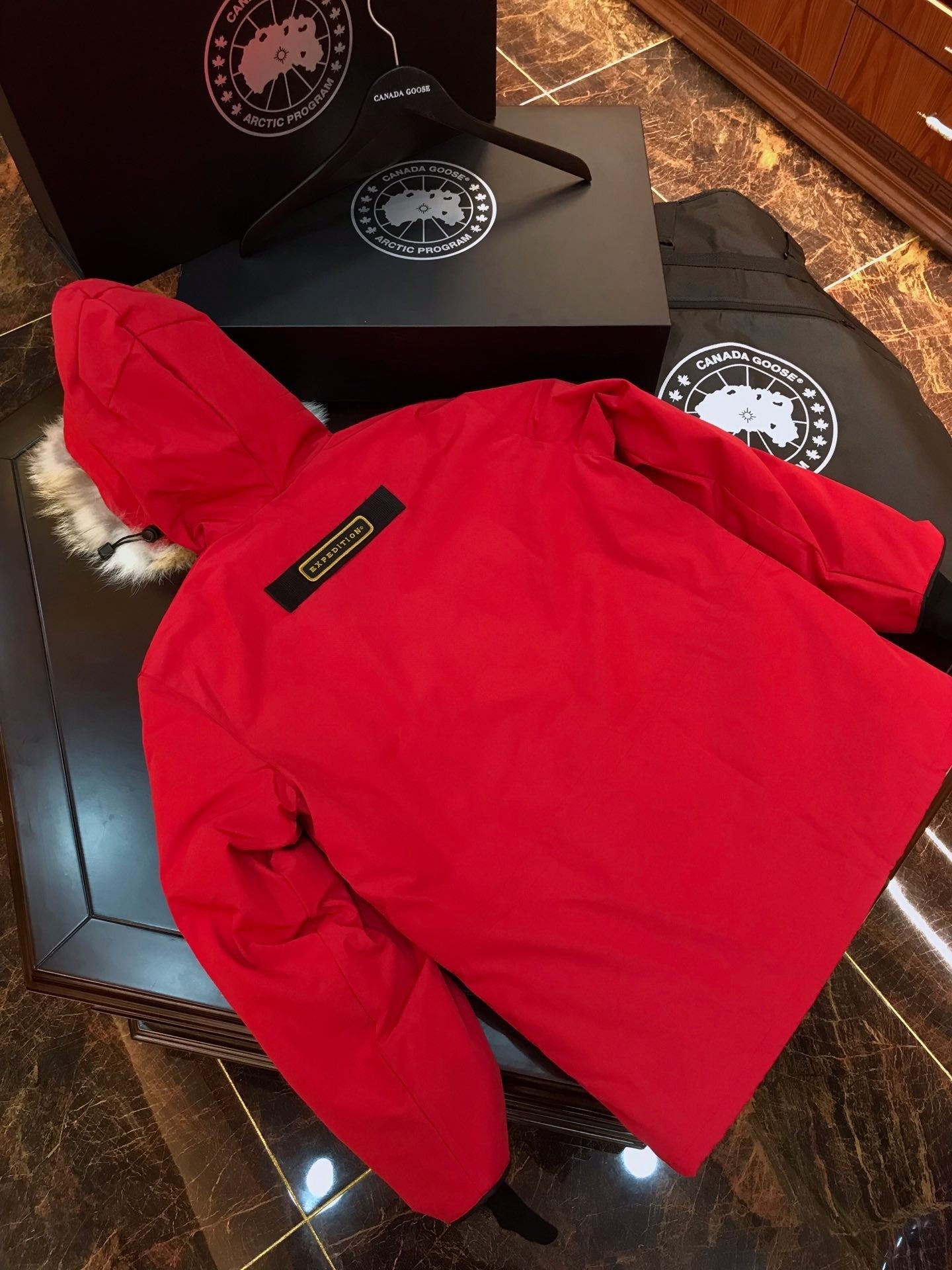 Red Mid  length Hooded Down Jacket