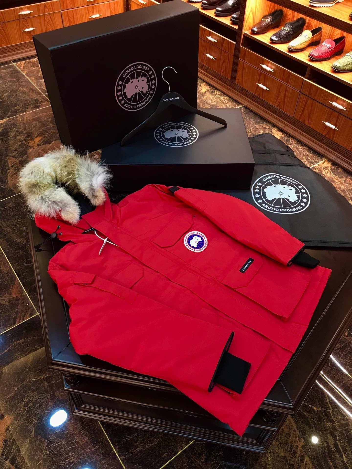 Red Mid  length Hooded Down Jacket