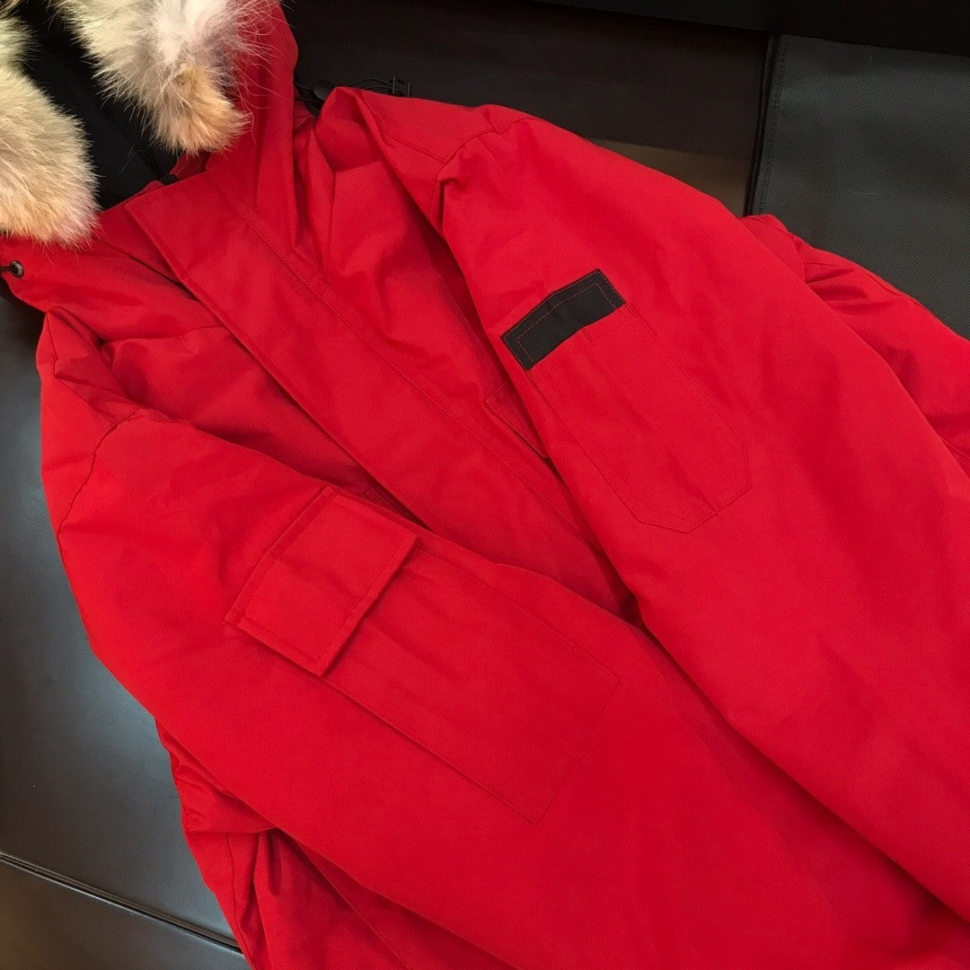 Red Mid  length Hooded Down Jacket