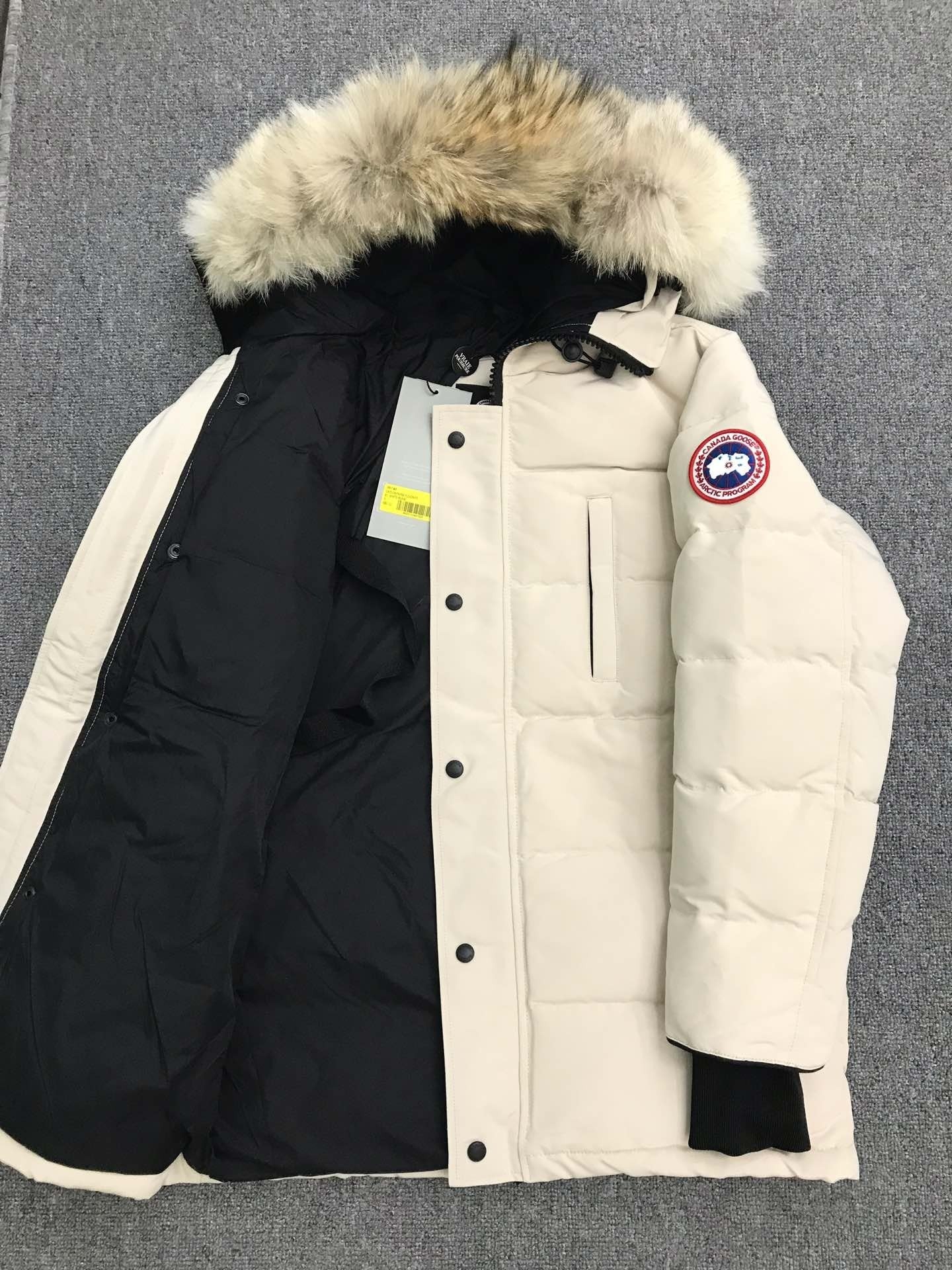 White Mid - length Hooded Down Jacket with Fur Trim