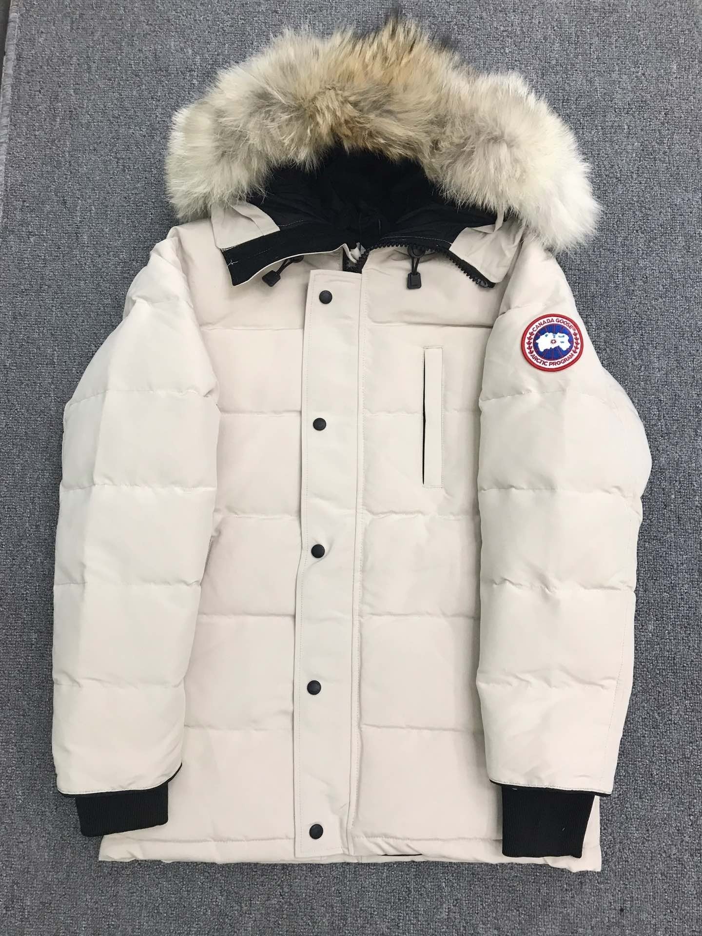 White Mid - length Hooded Down Jacket with Fur Trim