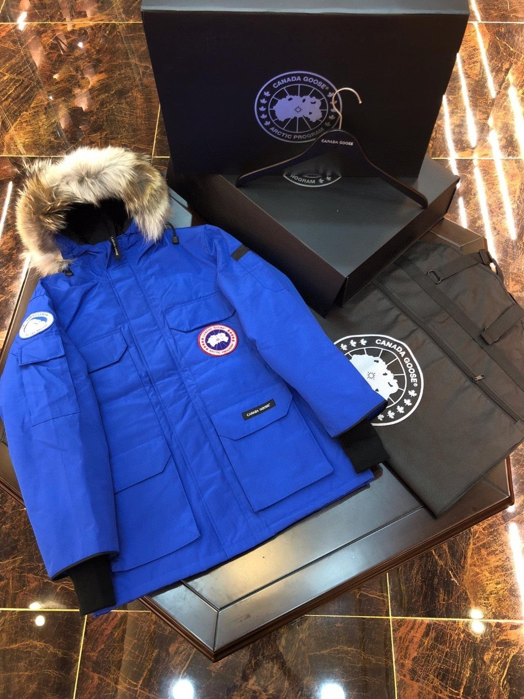 Blue Mid  length Hooded Down Jacket