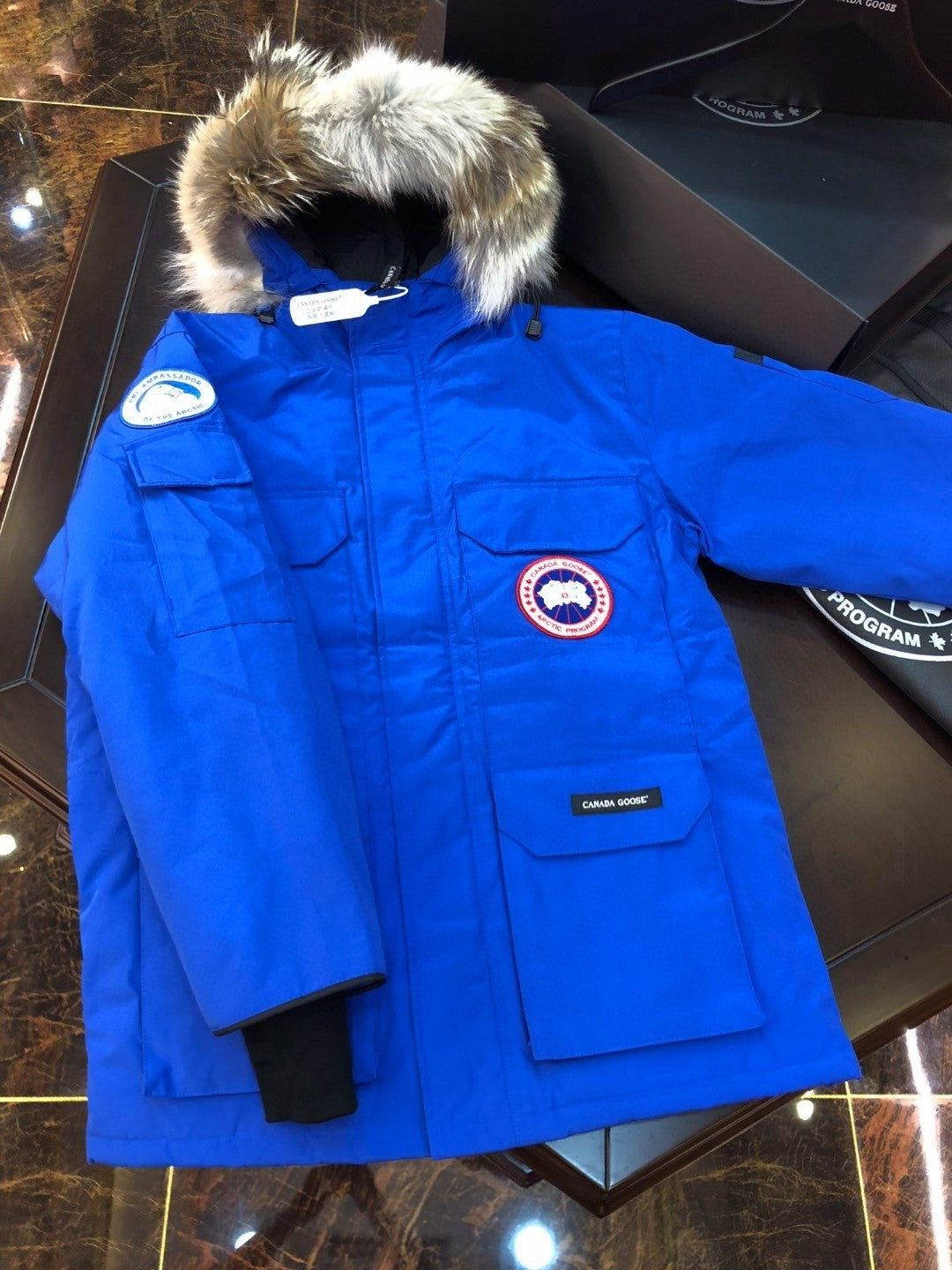 Blue Mid  length Hooded Down Jacket