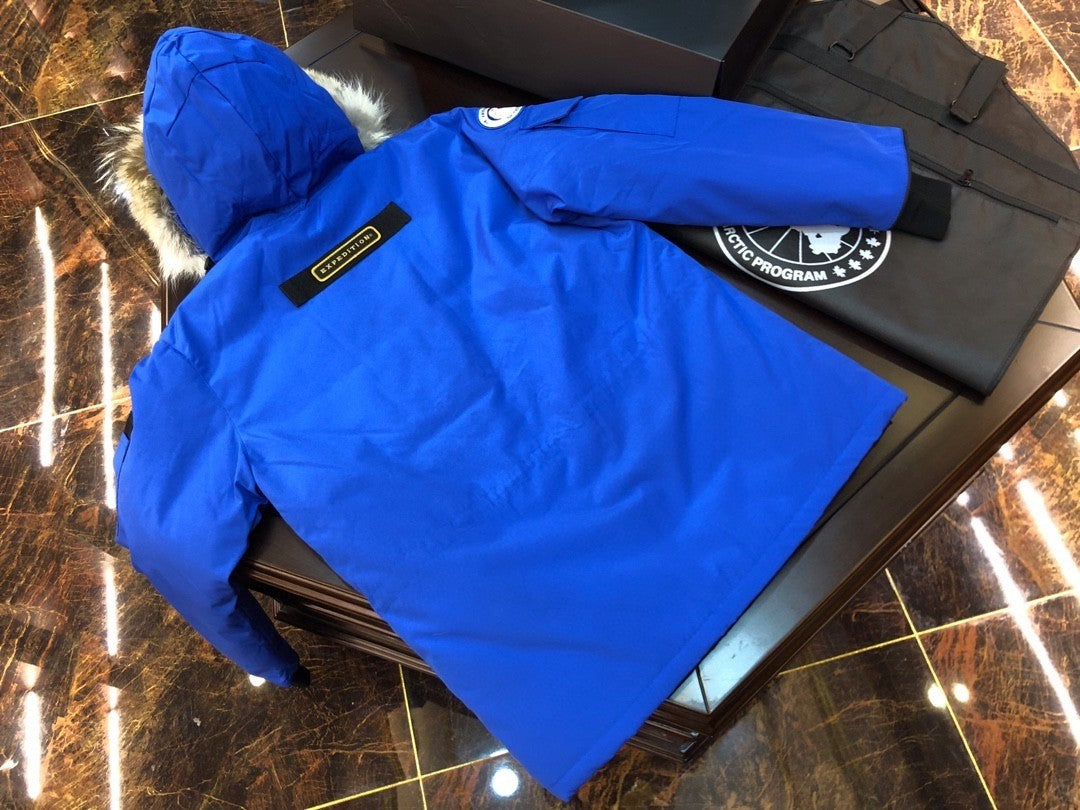 Blue Mid  length Hooded Down Jacket