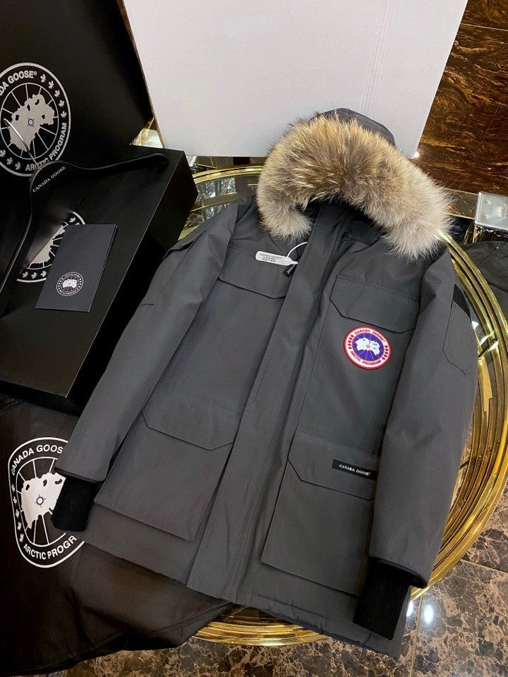 Grey Mid  length Hooded Down Jacket