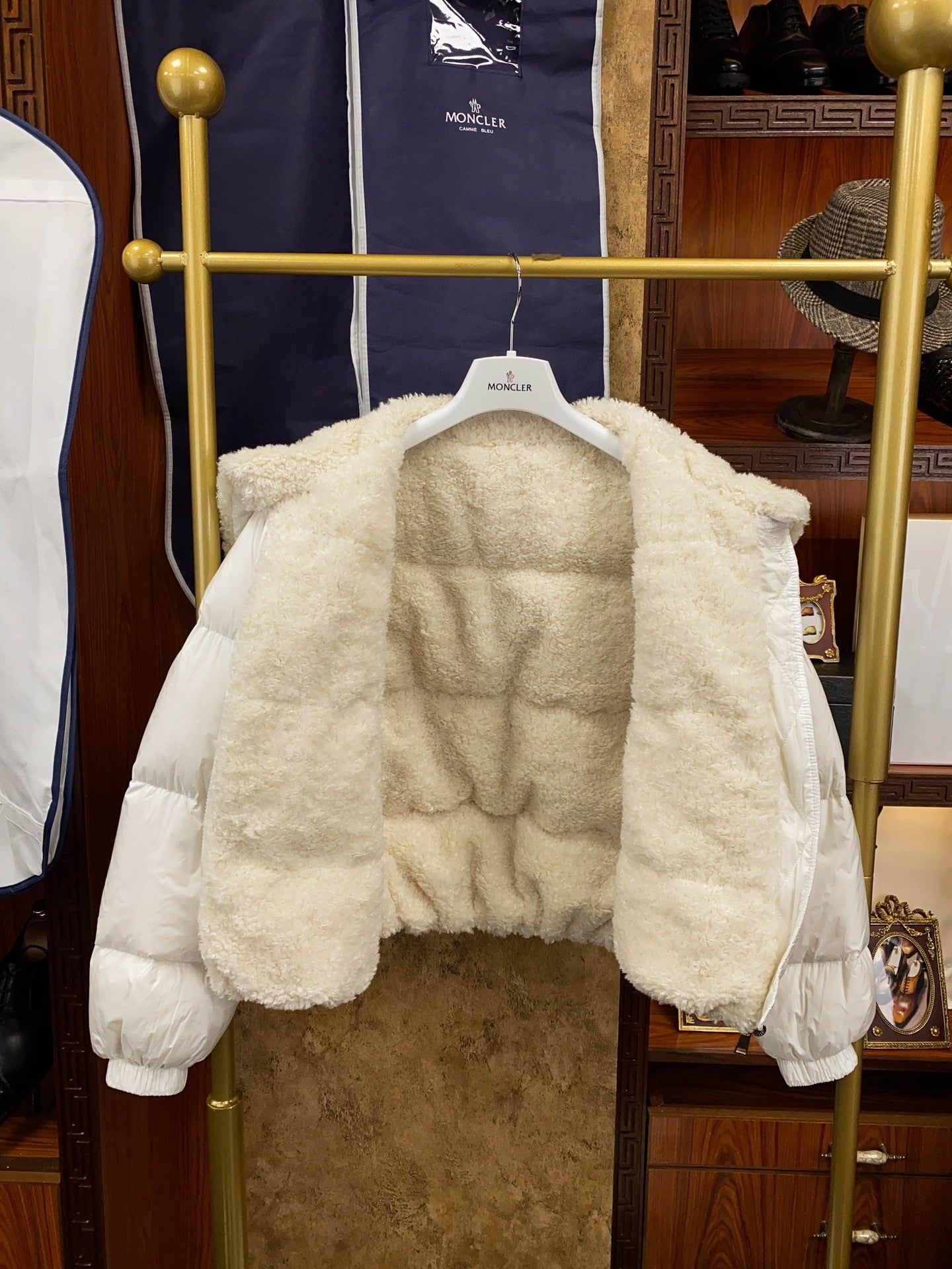 White Short - length Reversible Women's Down Jacket with Fur Collar