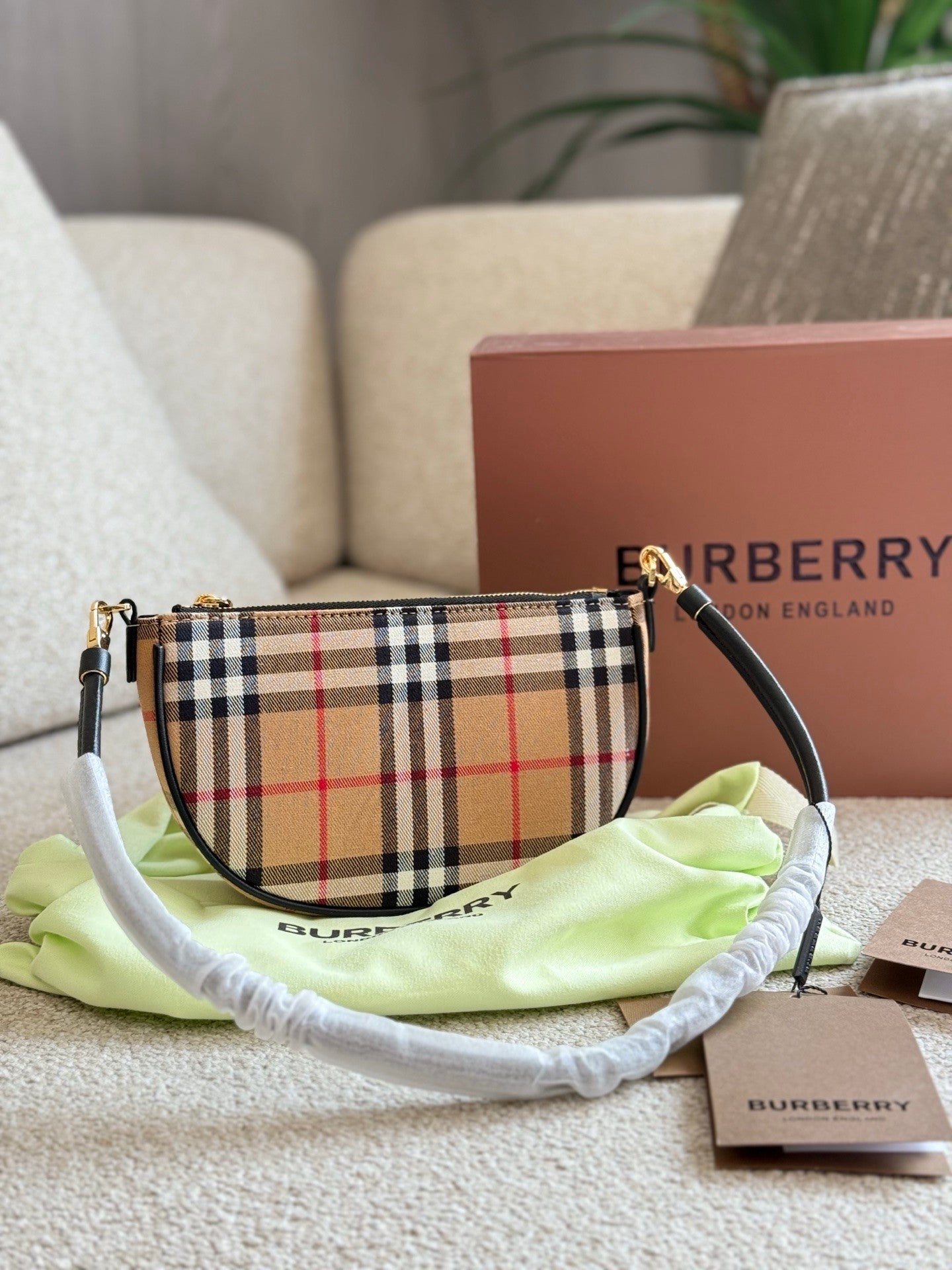 Checkered Canvas and Leather  Trimmed Hand  carry, Shoulder  carry  Armpit Bag