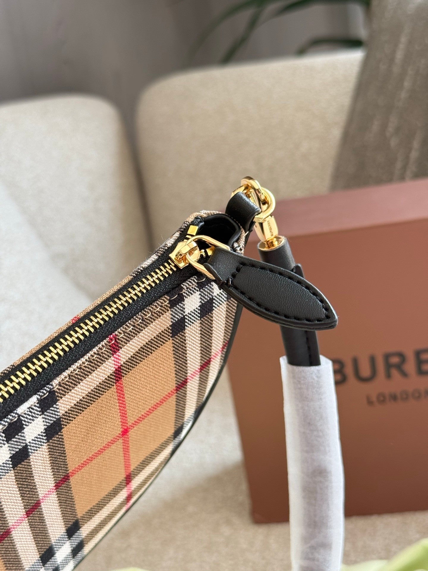 Checkered Canvas and Leather  Trimmed Hand  carry, Shoulder  carry  Armpit Bag