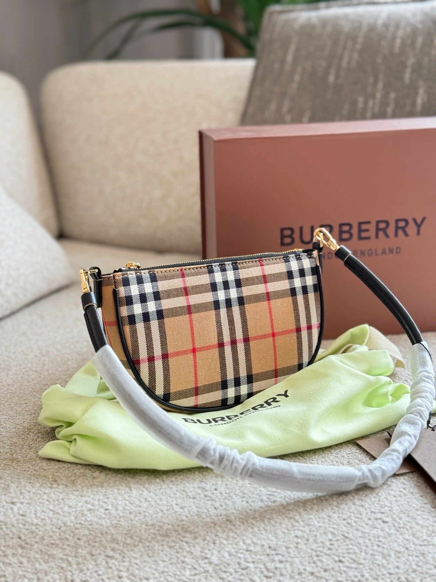 Checkered Canvas and Leather  Trimmed Hand  carry, Shoulder  carry  Armpit Bag