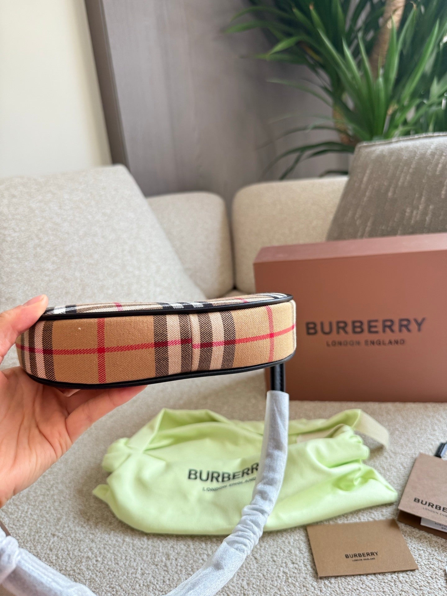 Checkered Canvas and Leather  Trimmed Hand  carry, Shoulder  carry  Armpit Bag