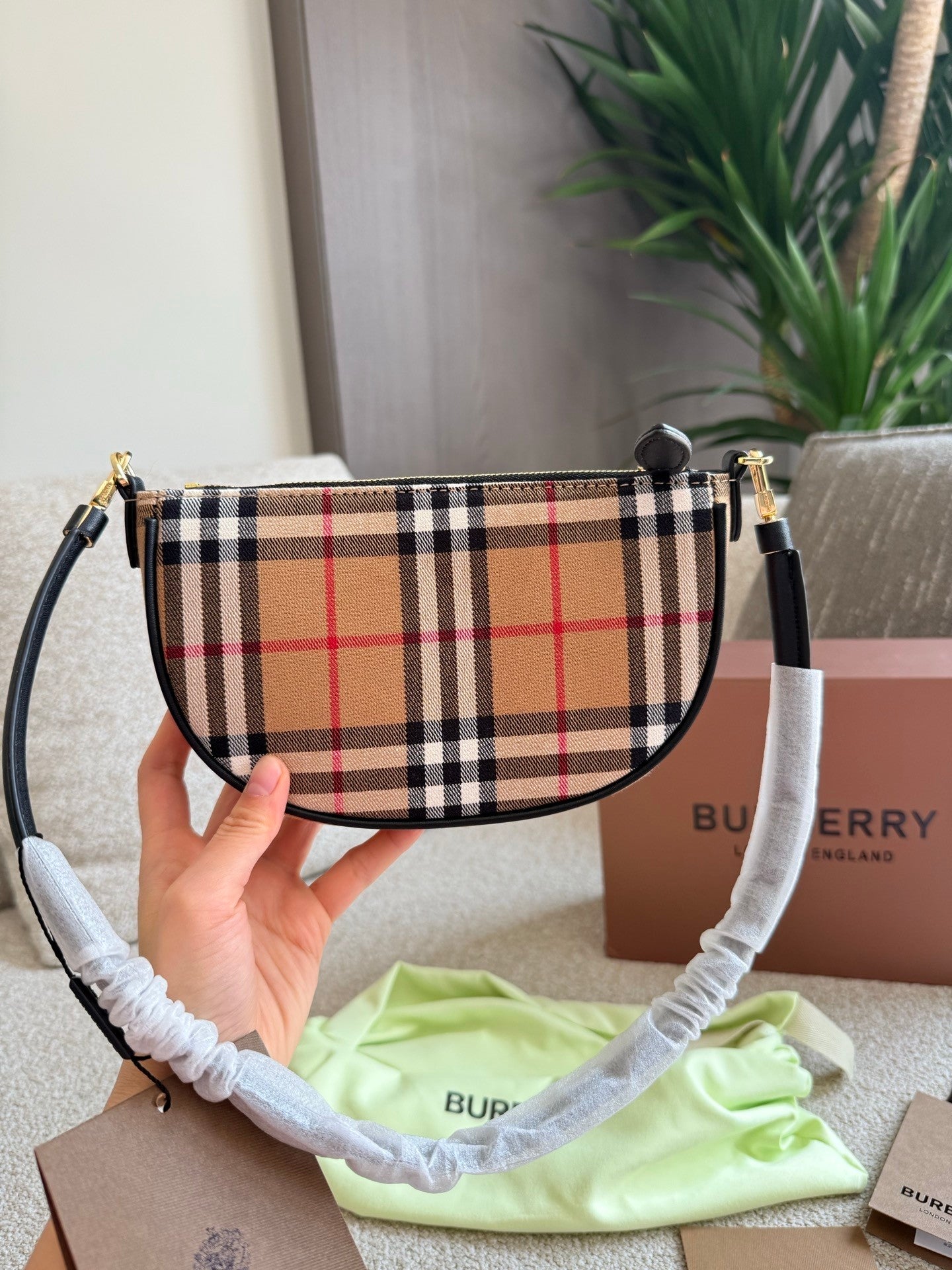 Checkered Canvas and Leather  Trimmed Hand  carry, Shoulder  carry  Armpit Bag