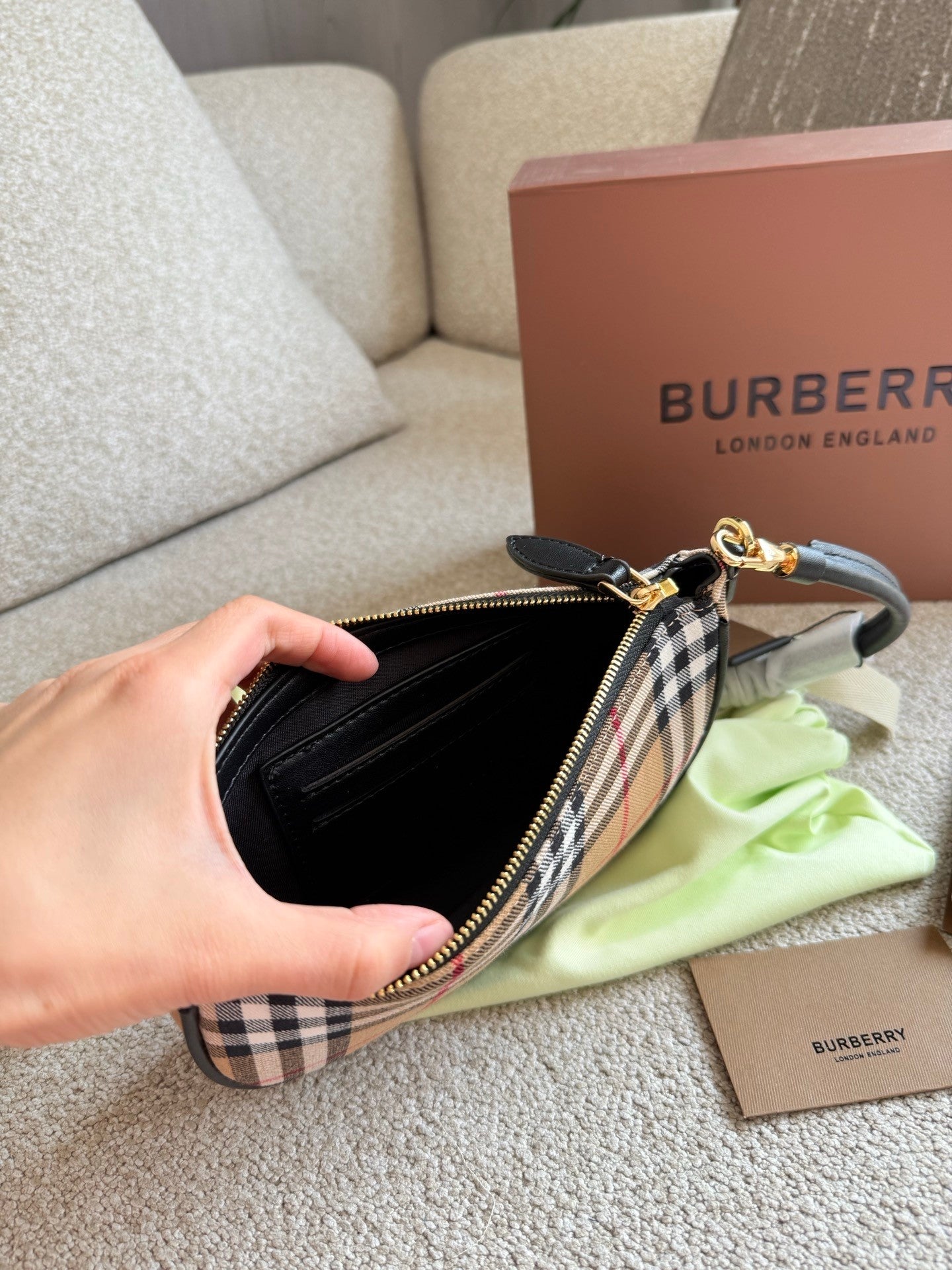 Checkered Canvas and Leather  Trimmed Hand  carry, Shoulder  carry  Armpit Bag