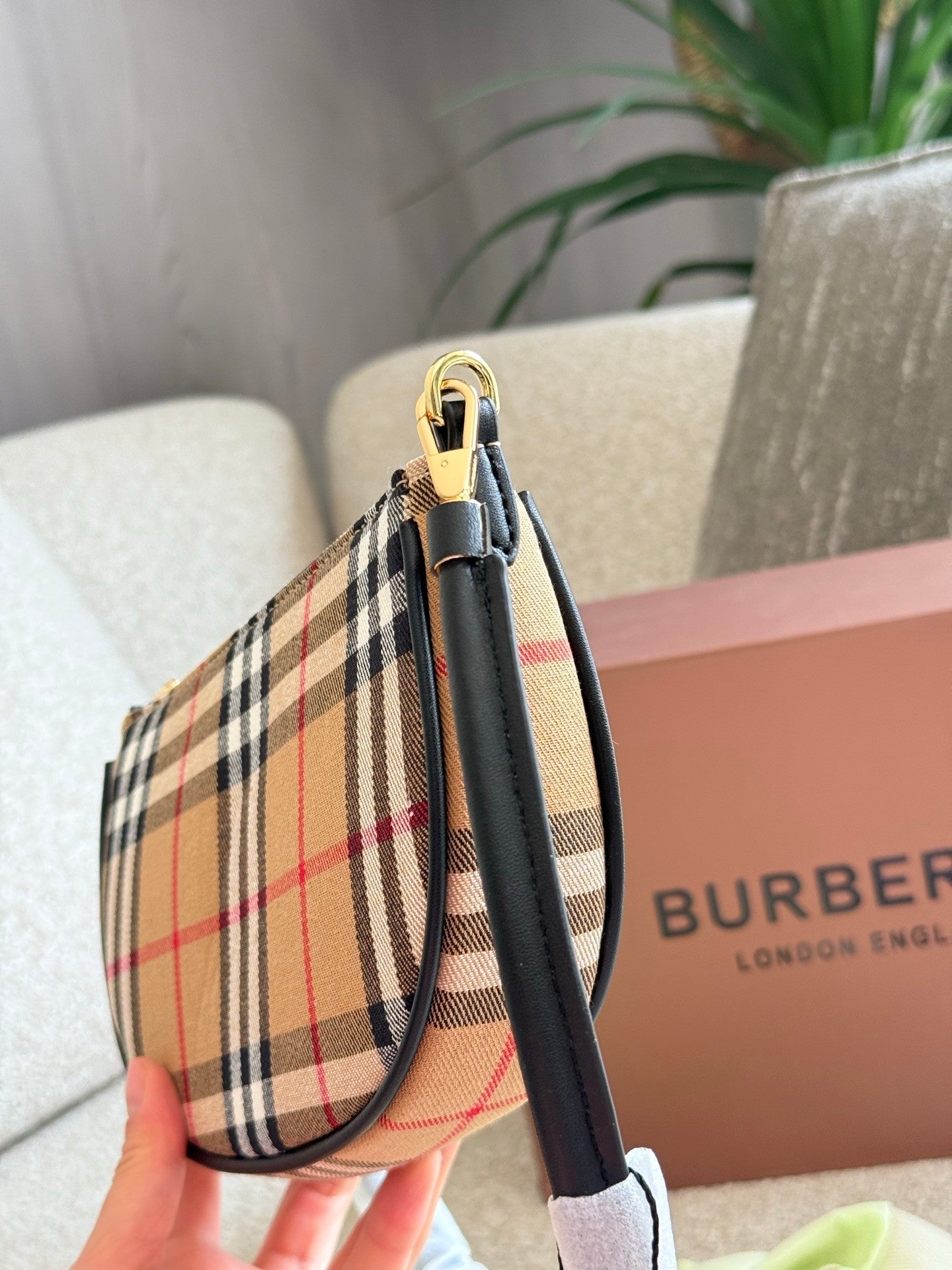 Checkered Canvas and Leather  Trimmed Hand  carry, Shoulder  carry  Armpit Bag