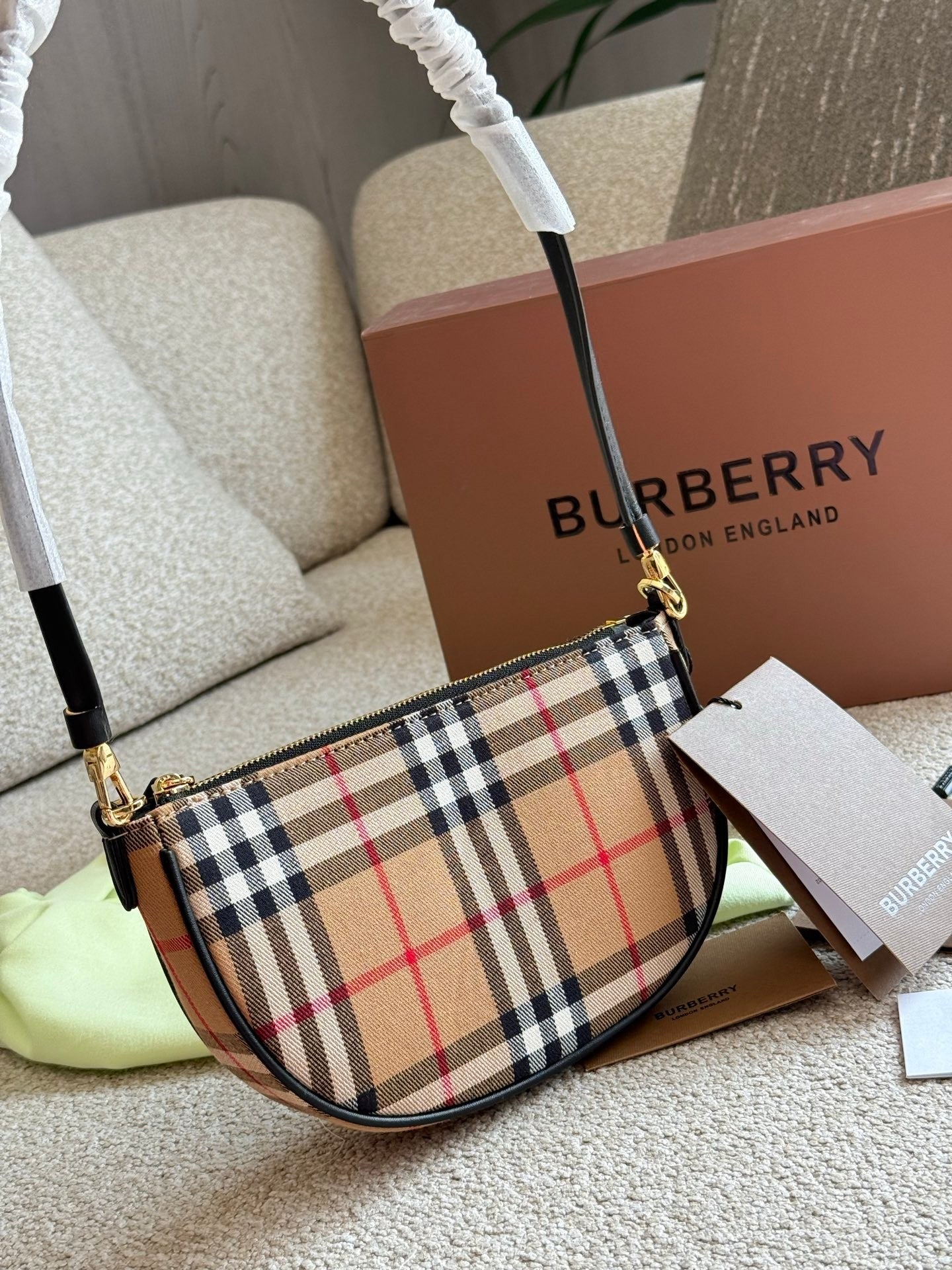 Checkered Canvas and Leather  Trimmed Hand  carry, Shoulder  carry  Armpit Bag