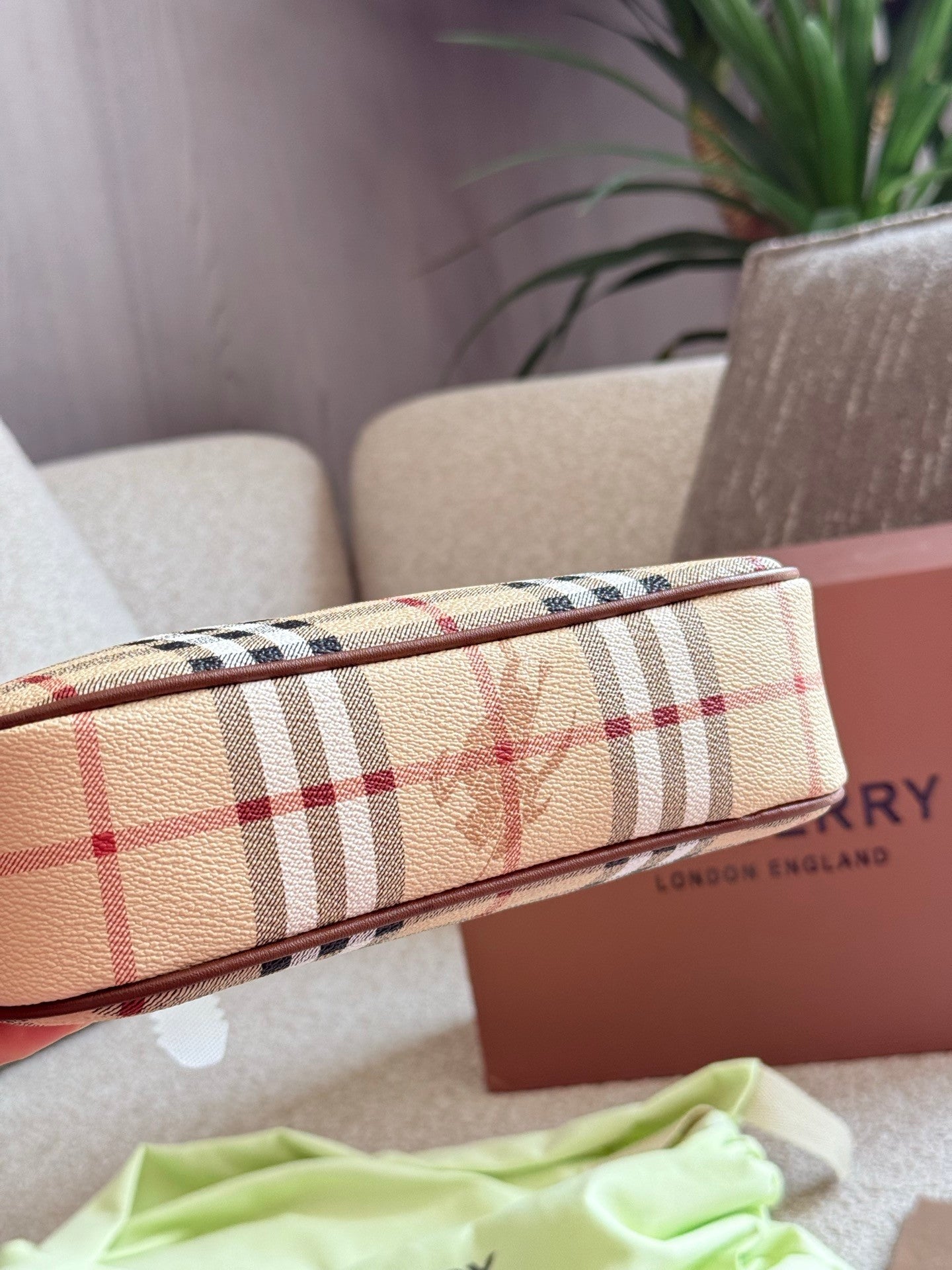 Checkered Canvas and Leather  Trimmed Hand  carry bag