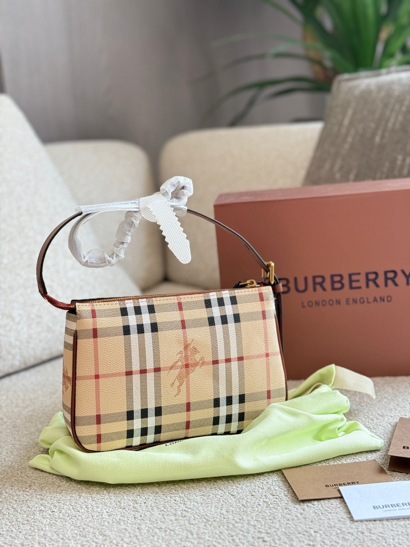 Checkered Canvas and Leather  Trimmed Hand  carry bag