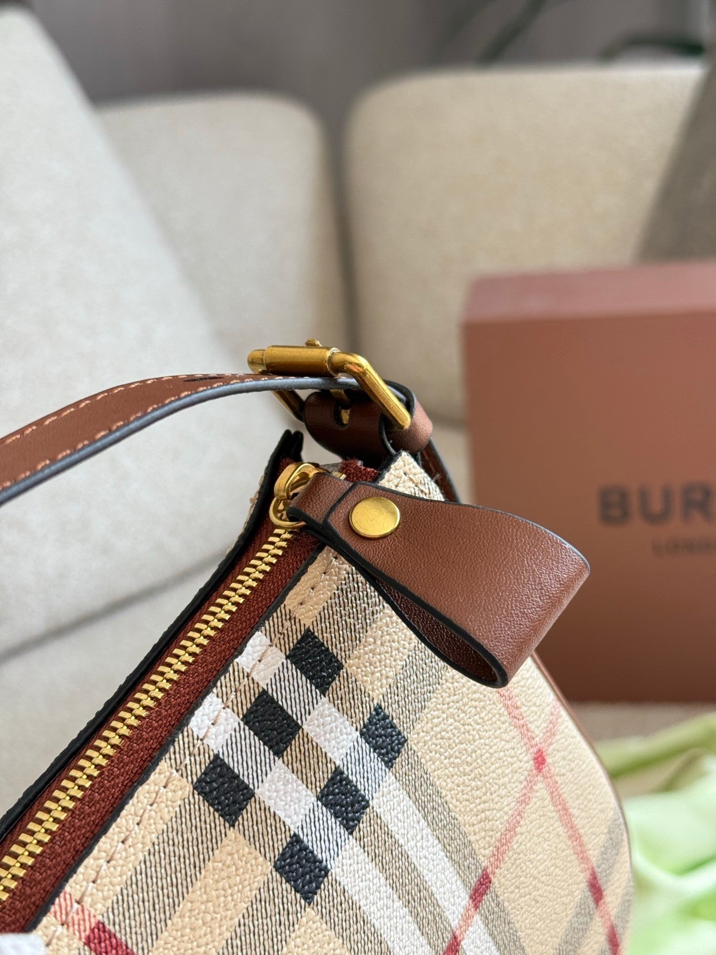 Checkered Canvas and Leather  Trimmed Hand  carry bag